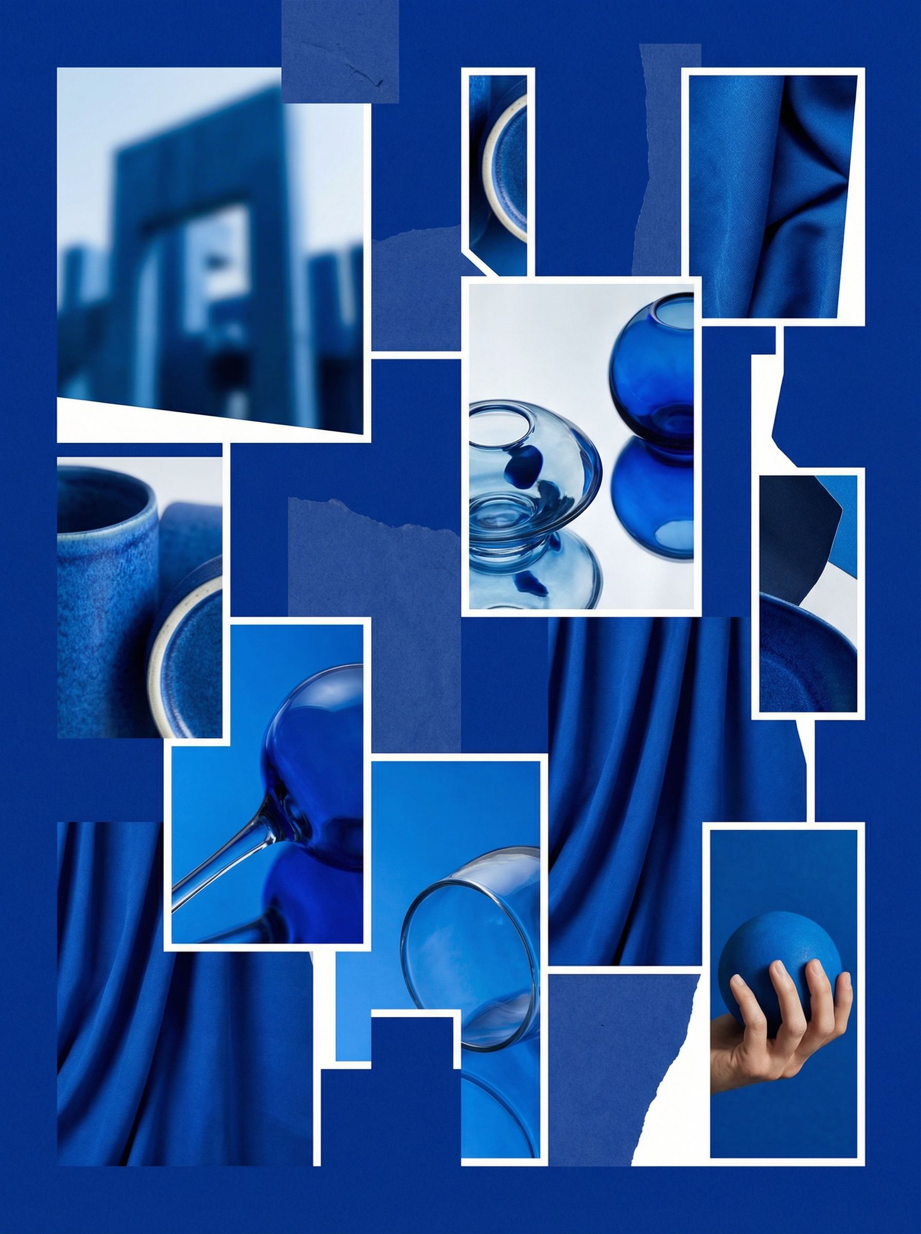 Abstract blue collage with glass and fabric