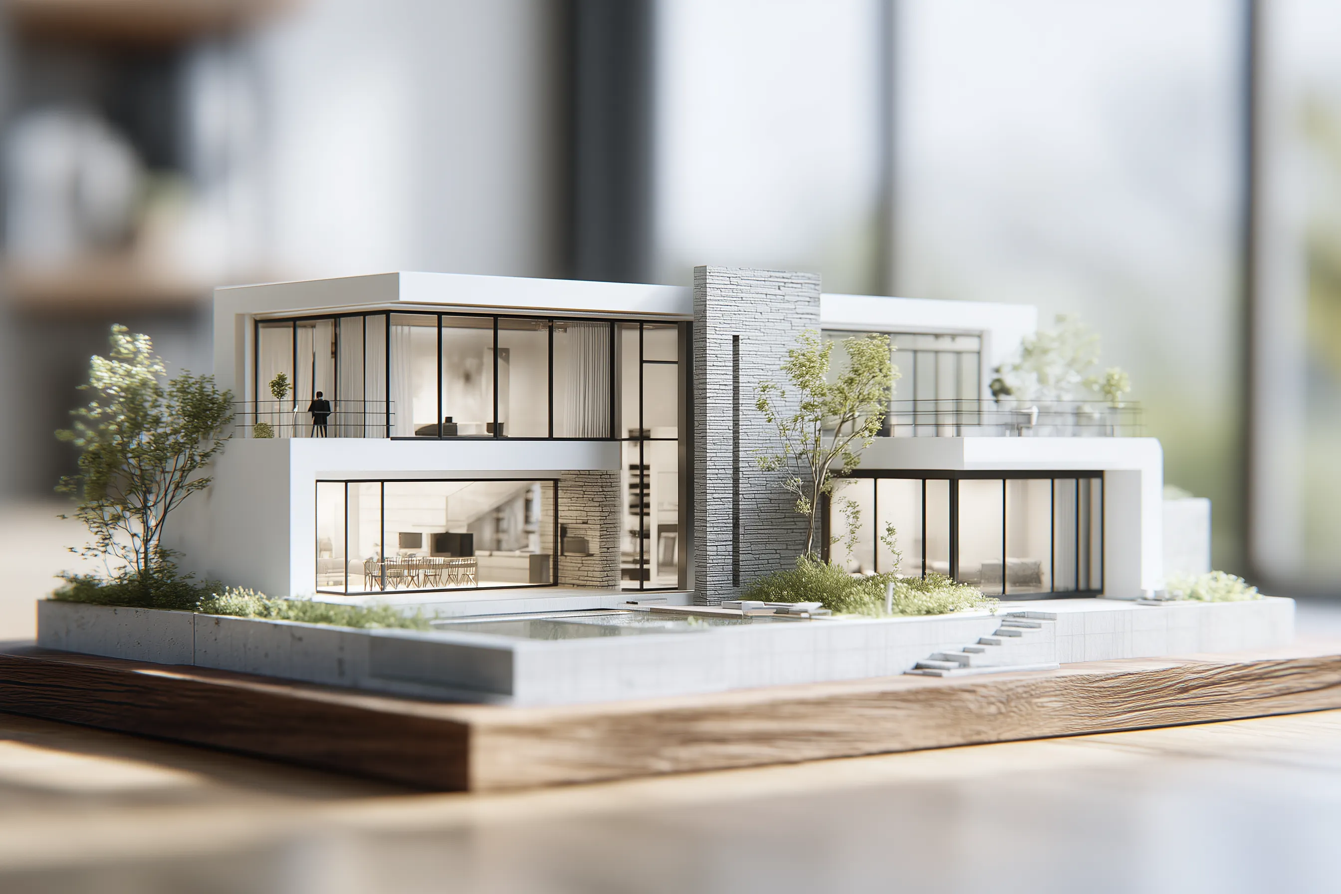 Modern architectural scale model with pool