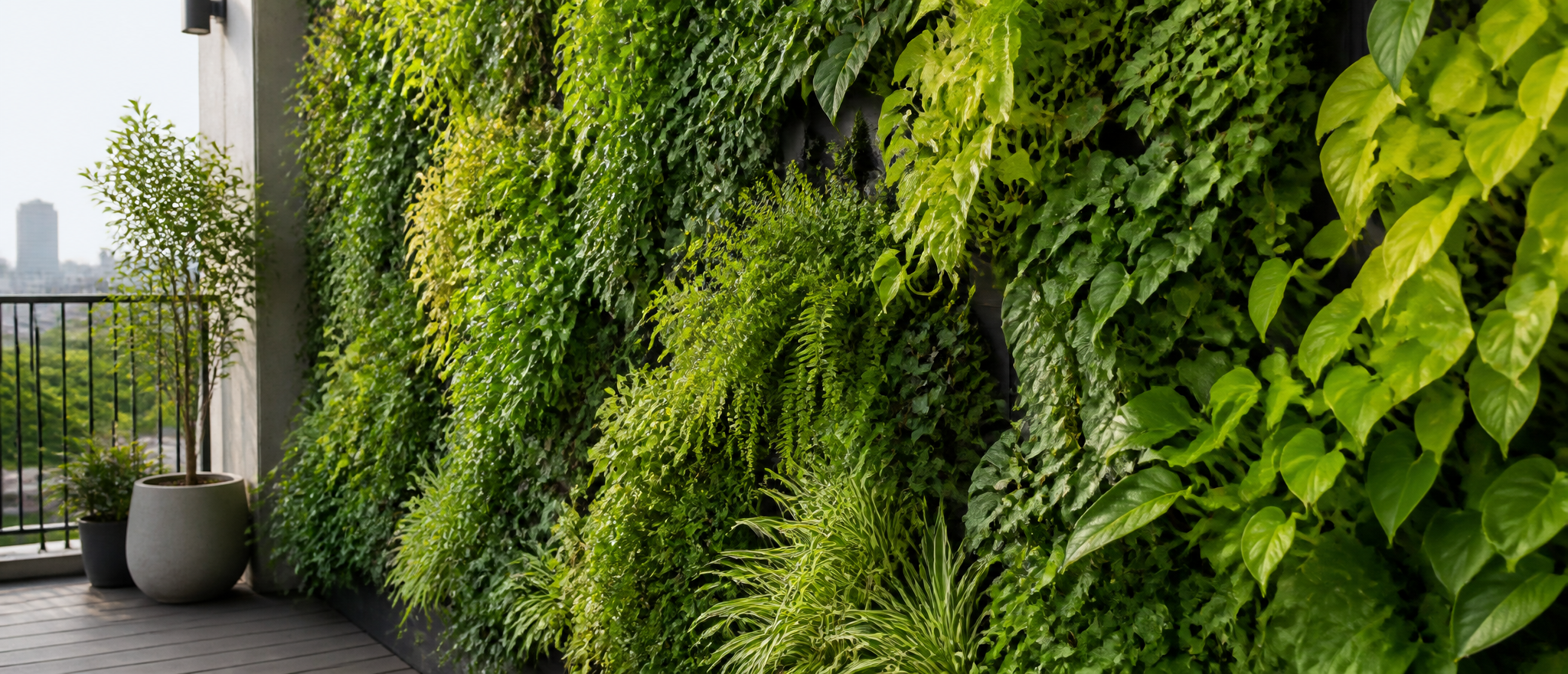 Lush vertical green wall of mixed foliage plants on an outdoor terrace