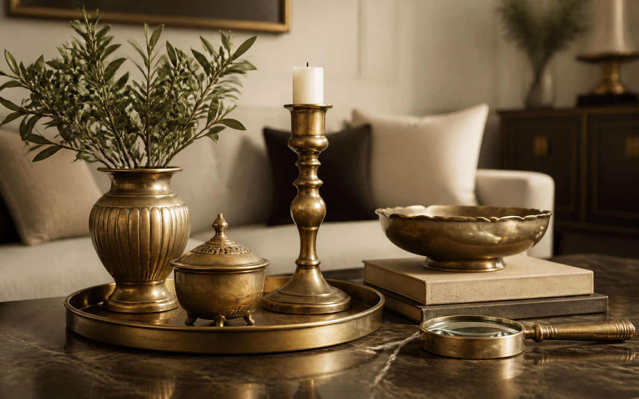 Antique brass objects on a luxury table