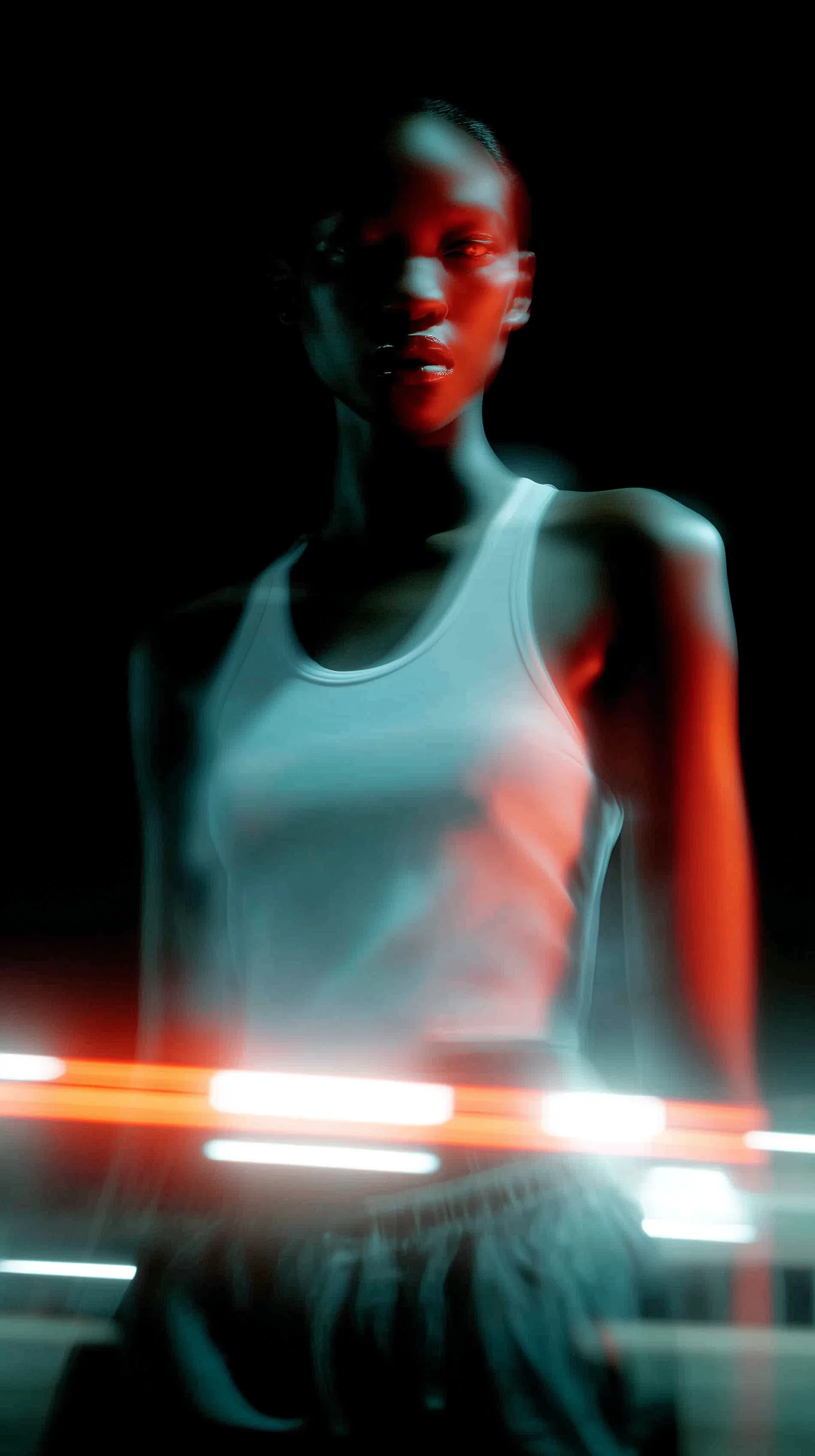 Blurred neon portrait with red-cyan lighting