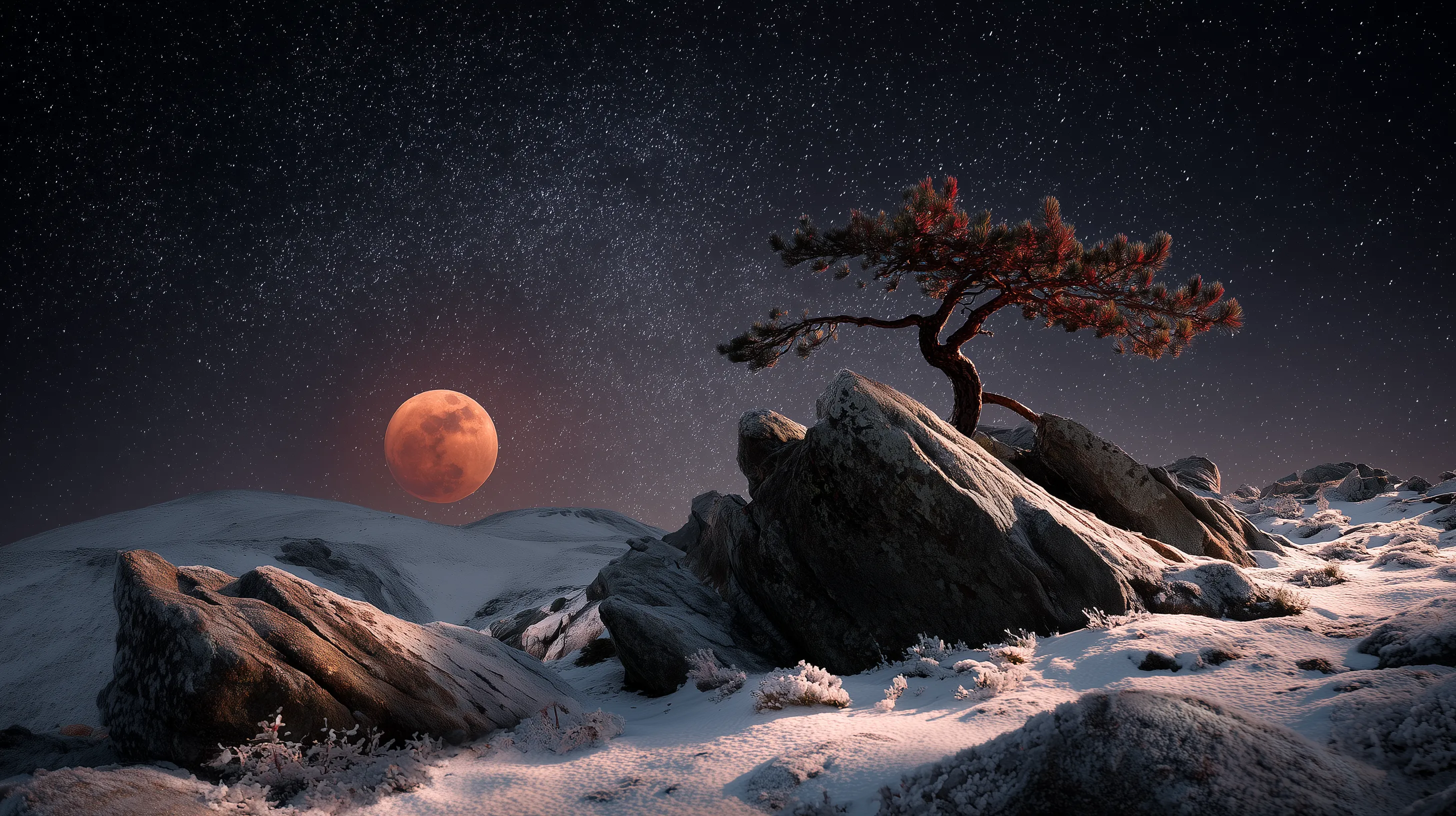 Blood Moon Over Snowy Rocky Landscape