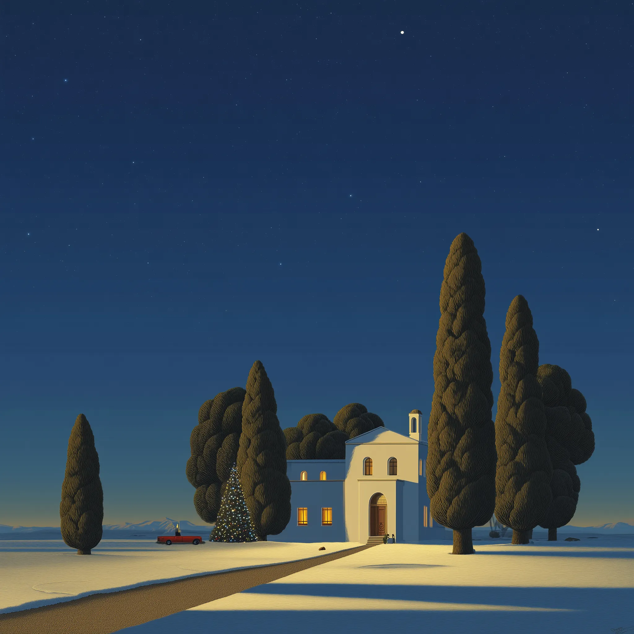 Snowy night villa with cypress trees and stars