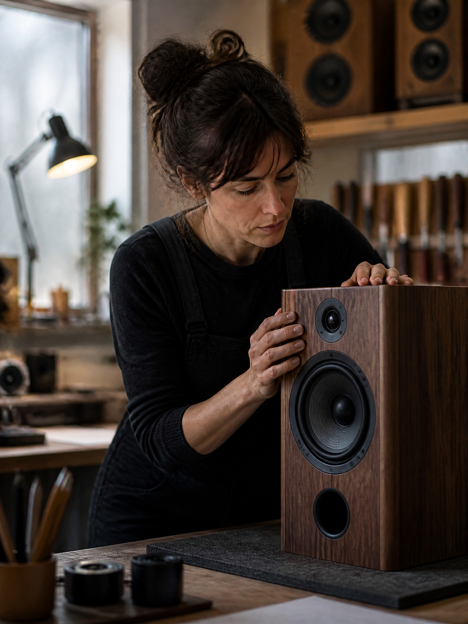 Artisan Crafting a Wooden Audio Speaker