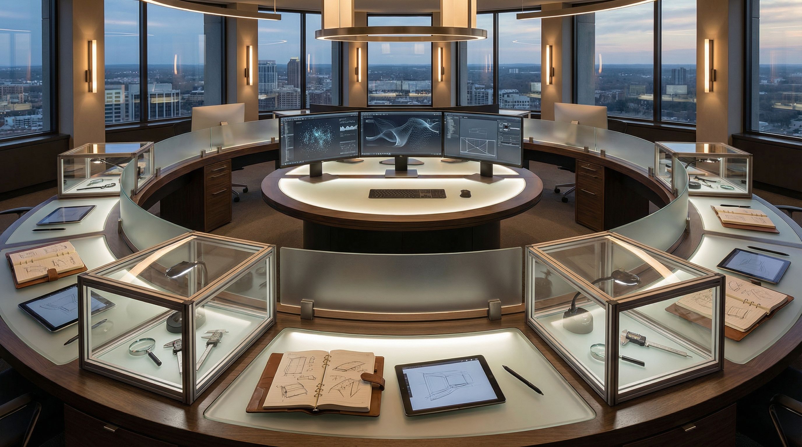 Futuristic circular design lab with panoramic view