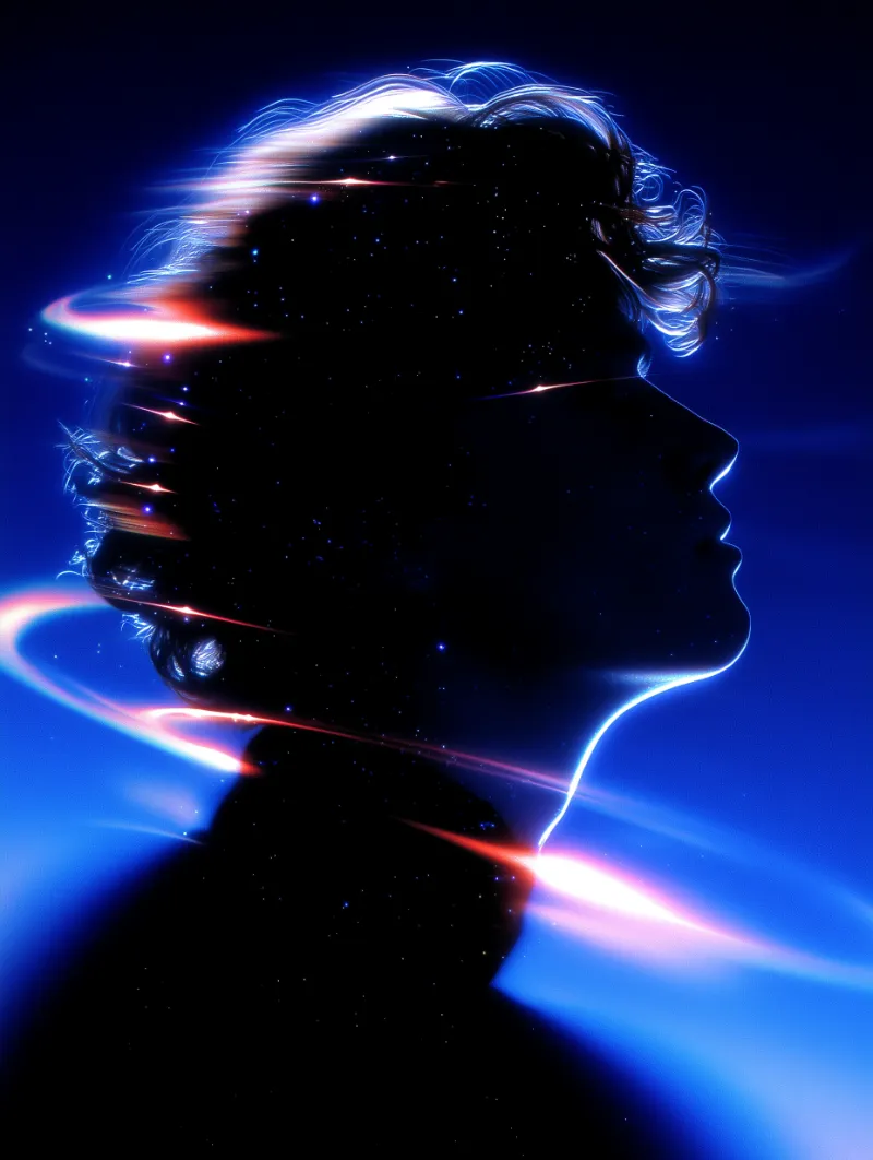 Neon Cosmic Silhouette with Light Trails