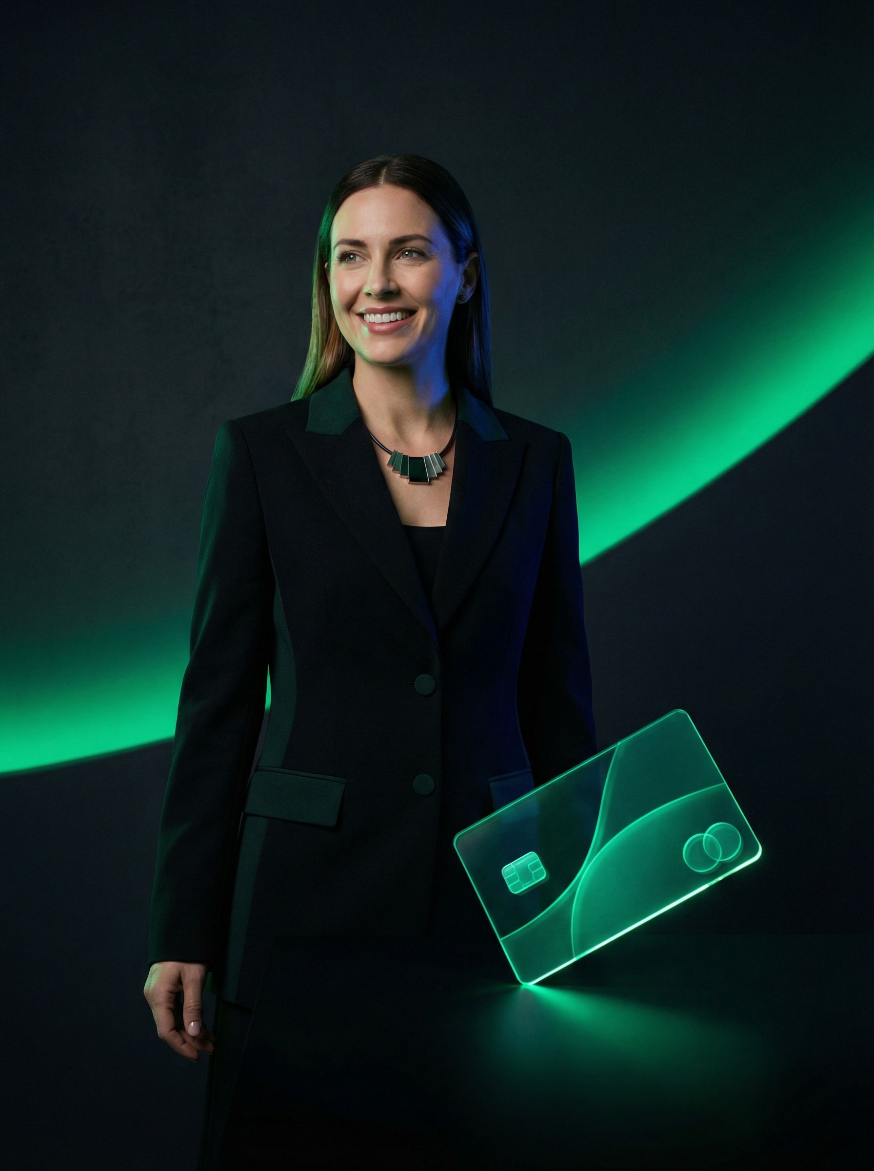 Businesswoman with futuristic glowing credit card