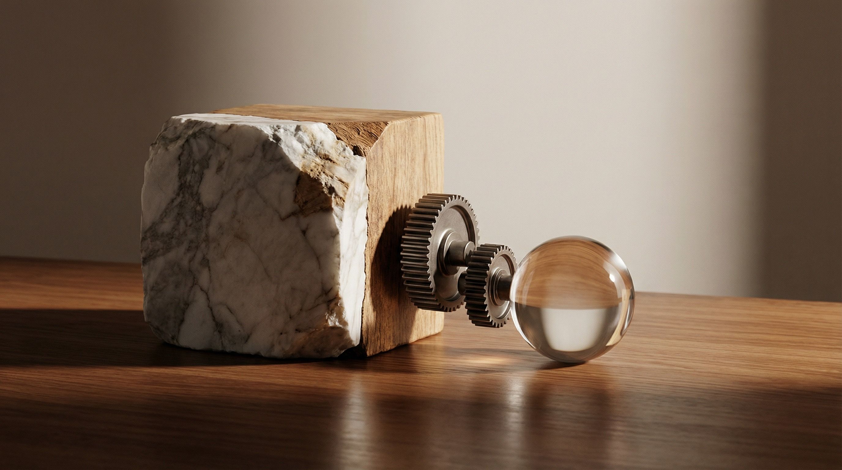 Marble wood block with gears and glass sphere
