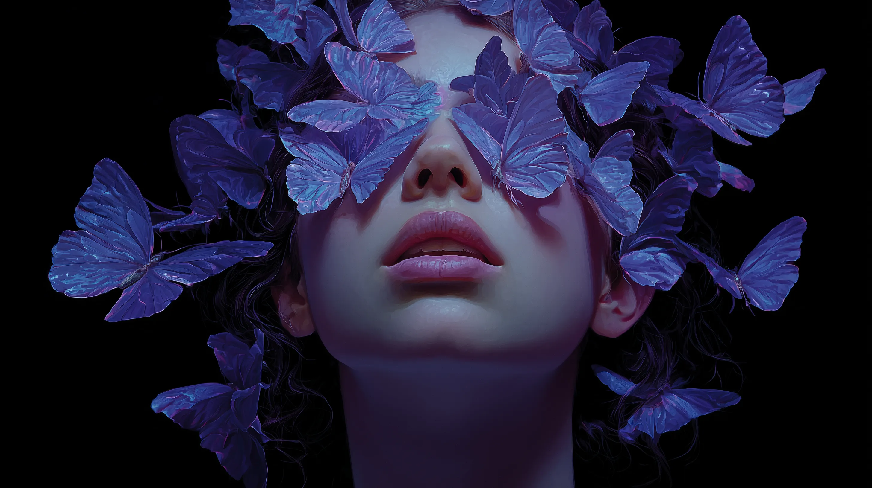 Woman's Face Adorned with Violet Butterflies
