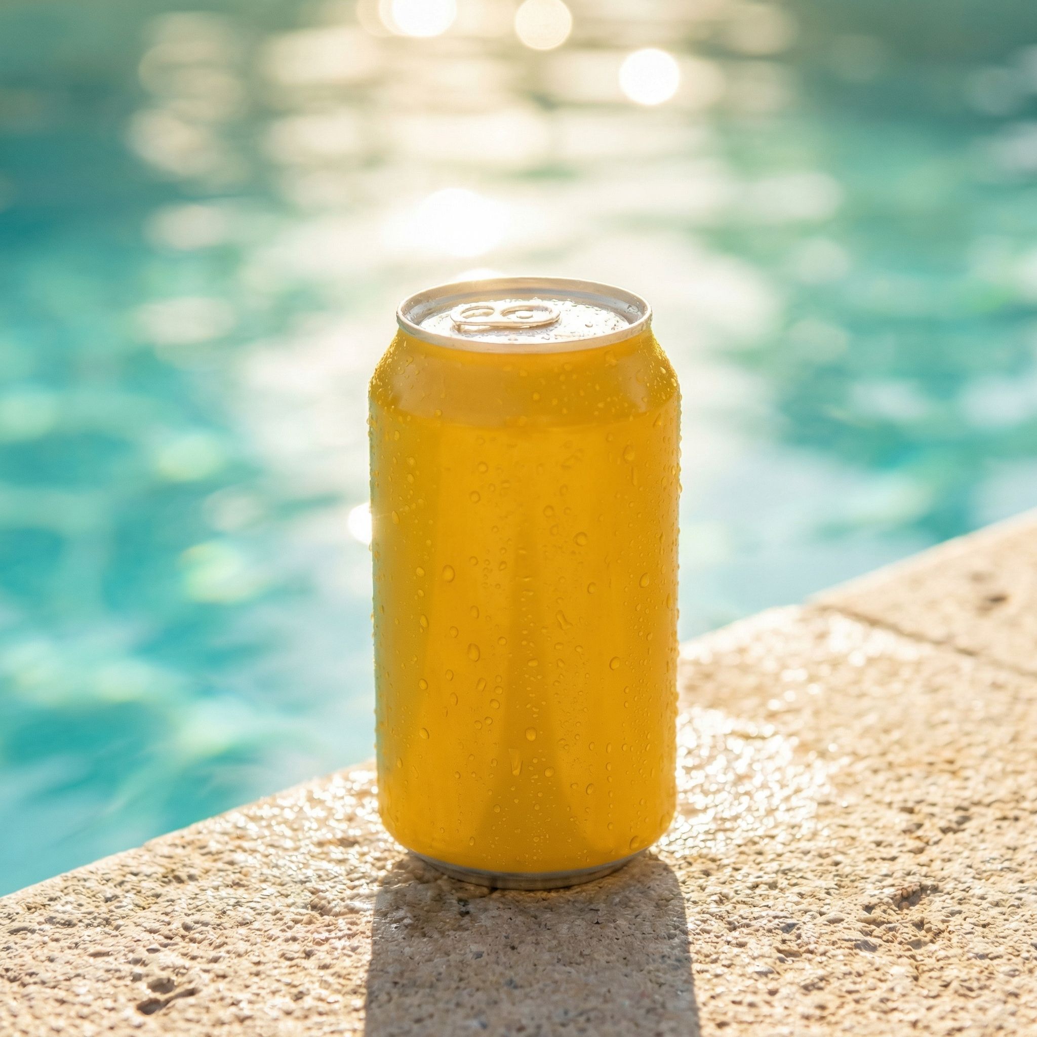 Cold Yellow Soda Can by Swimming Pool