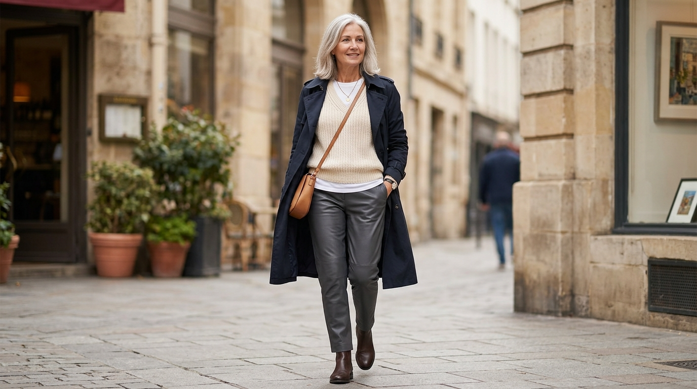 Mature woman wearing leather trousers for daytime style