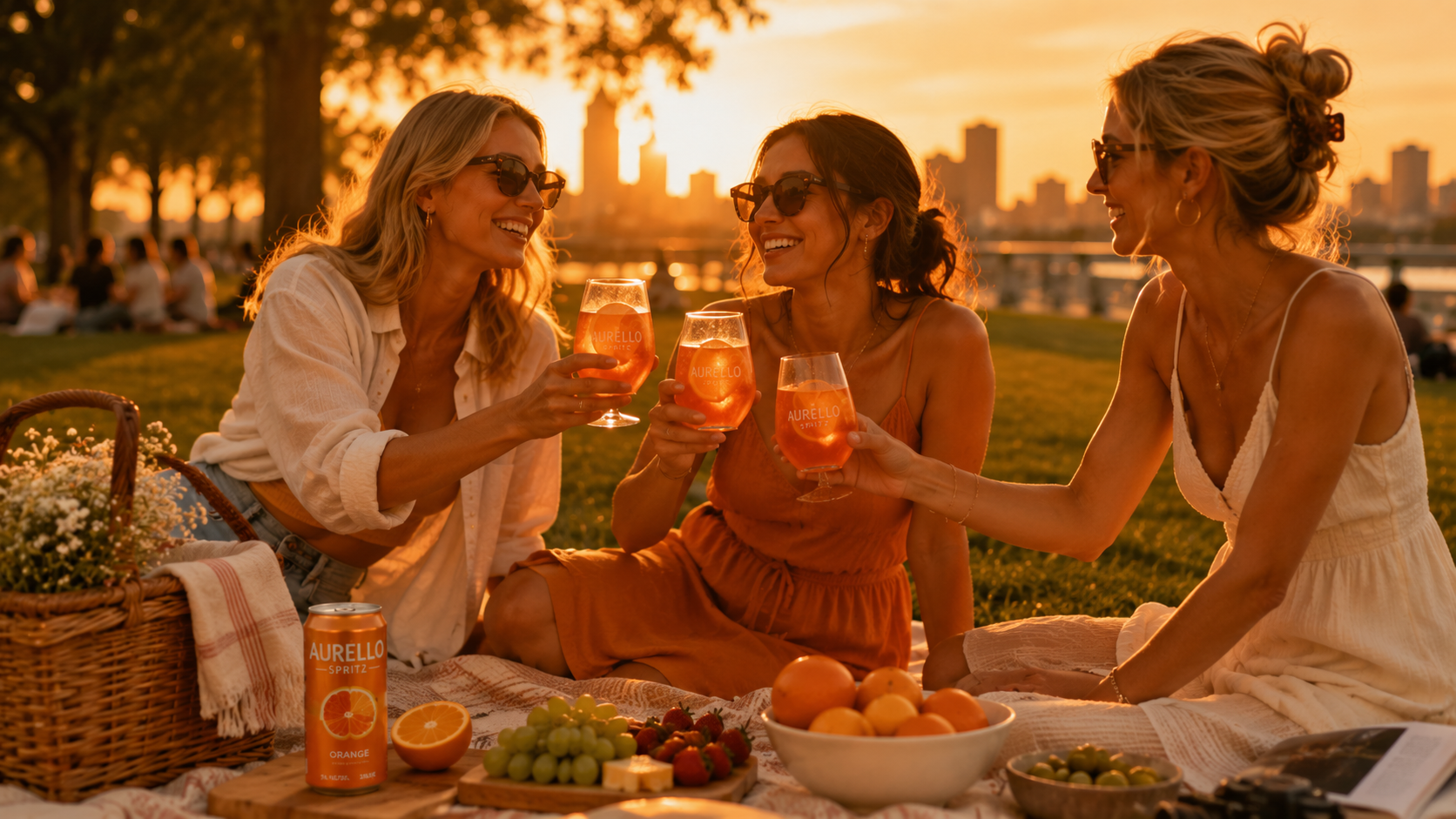 Friends sharing orange spritzes at a sunny park picnic