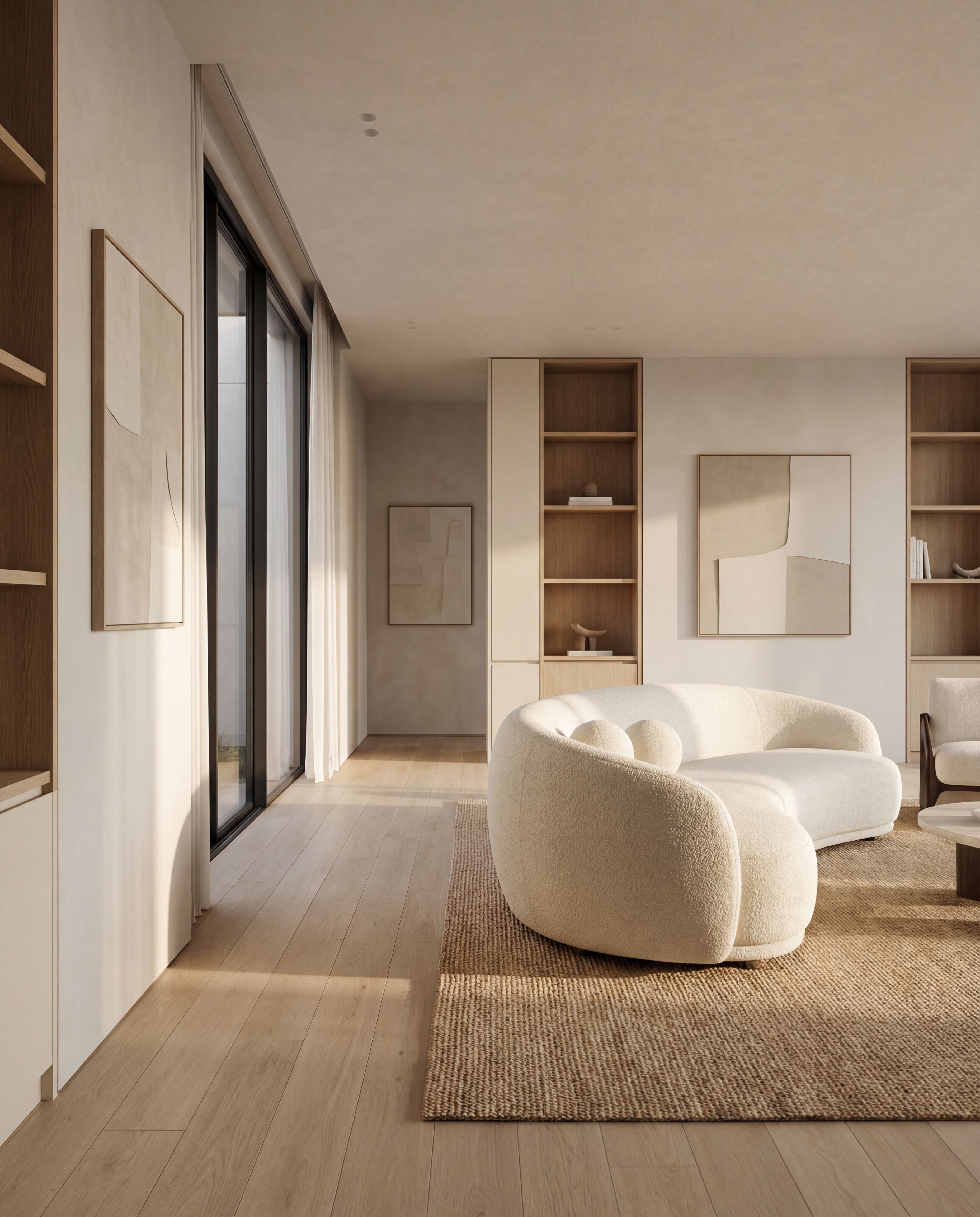 Minimalist beige living room with curved sofa