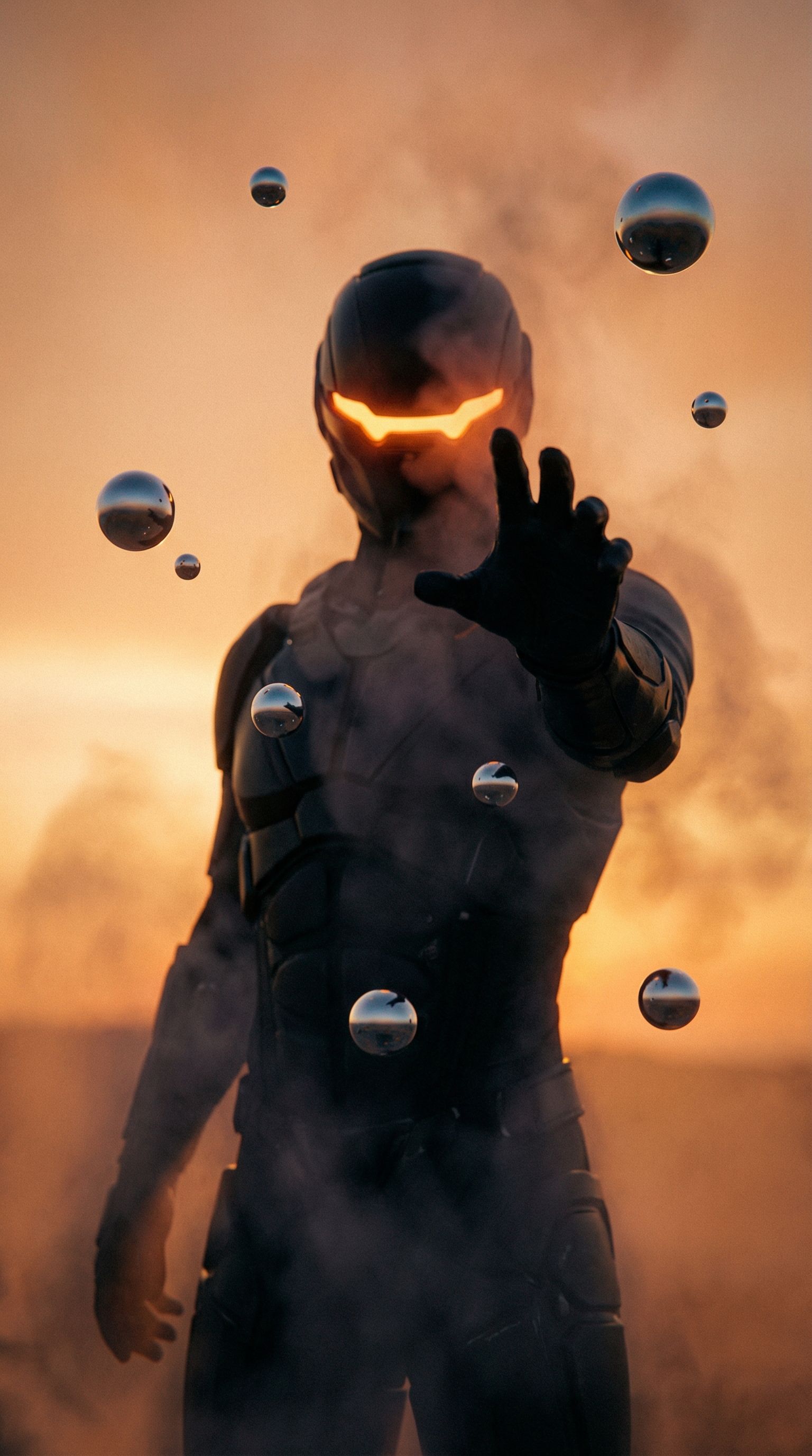 Futuristic armored figure with glowing visor