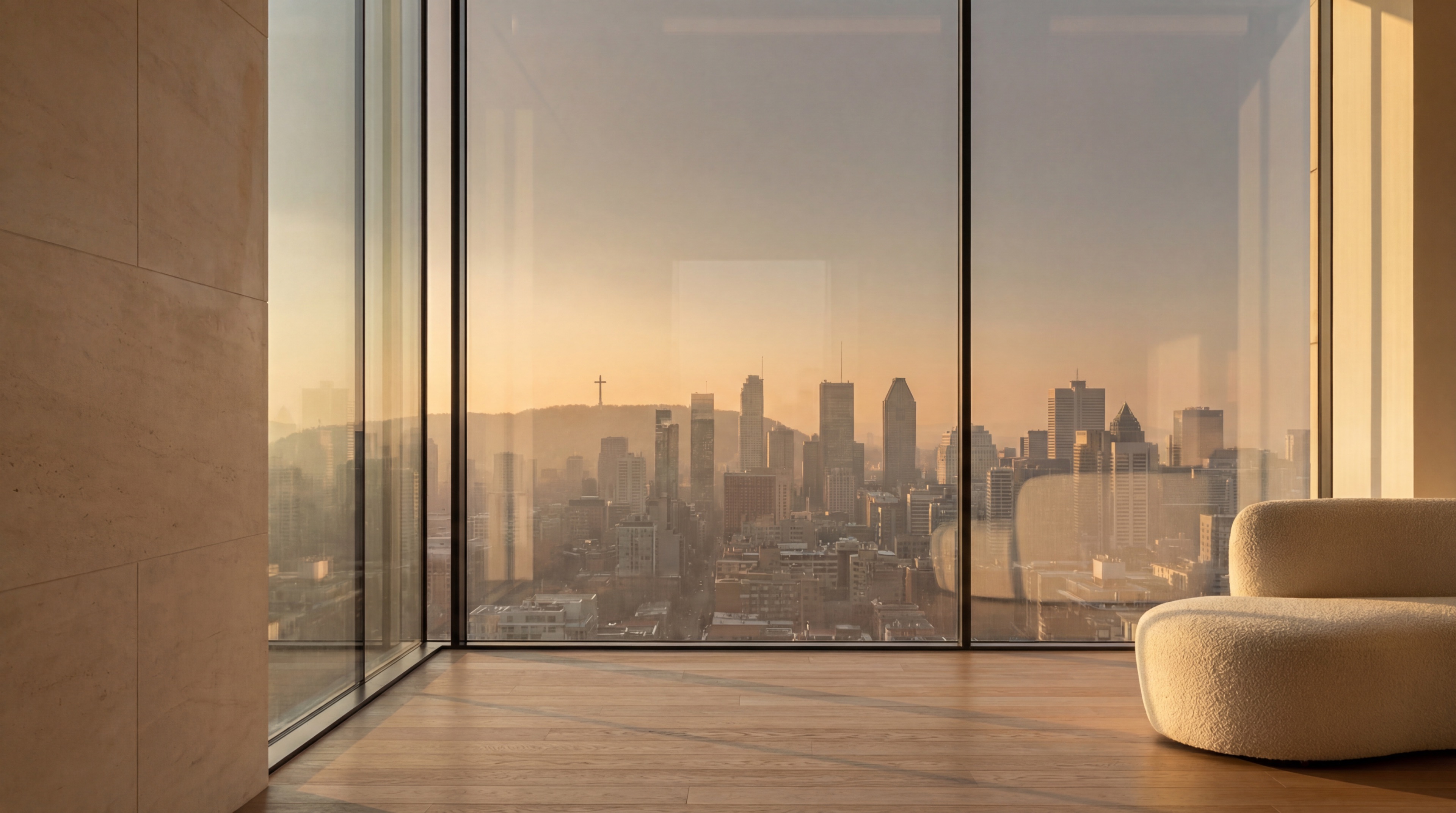 Modern interior with panoramic city skyline