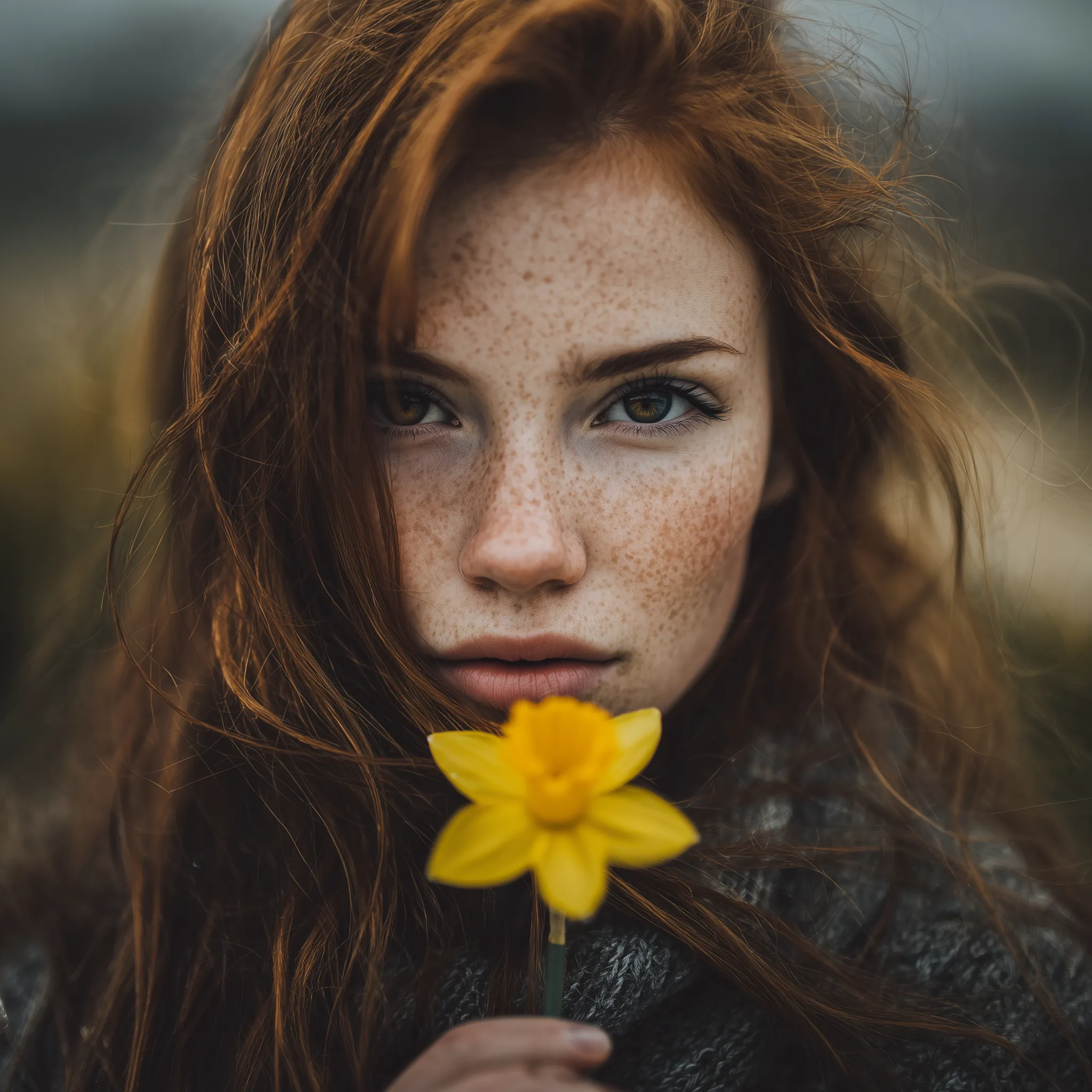 Freckled Redhead Portrait with Yellow Flower