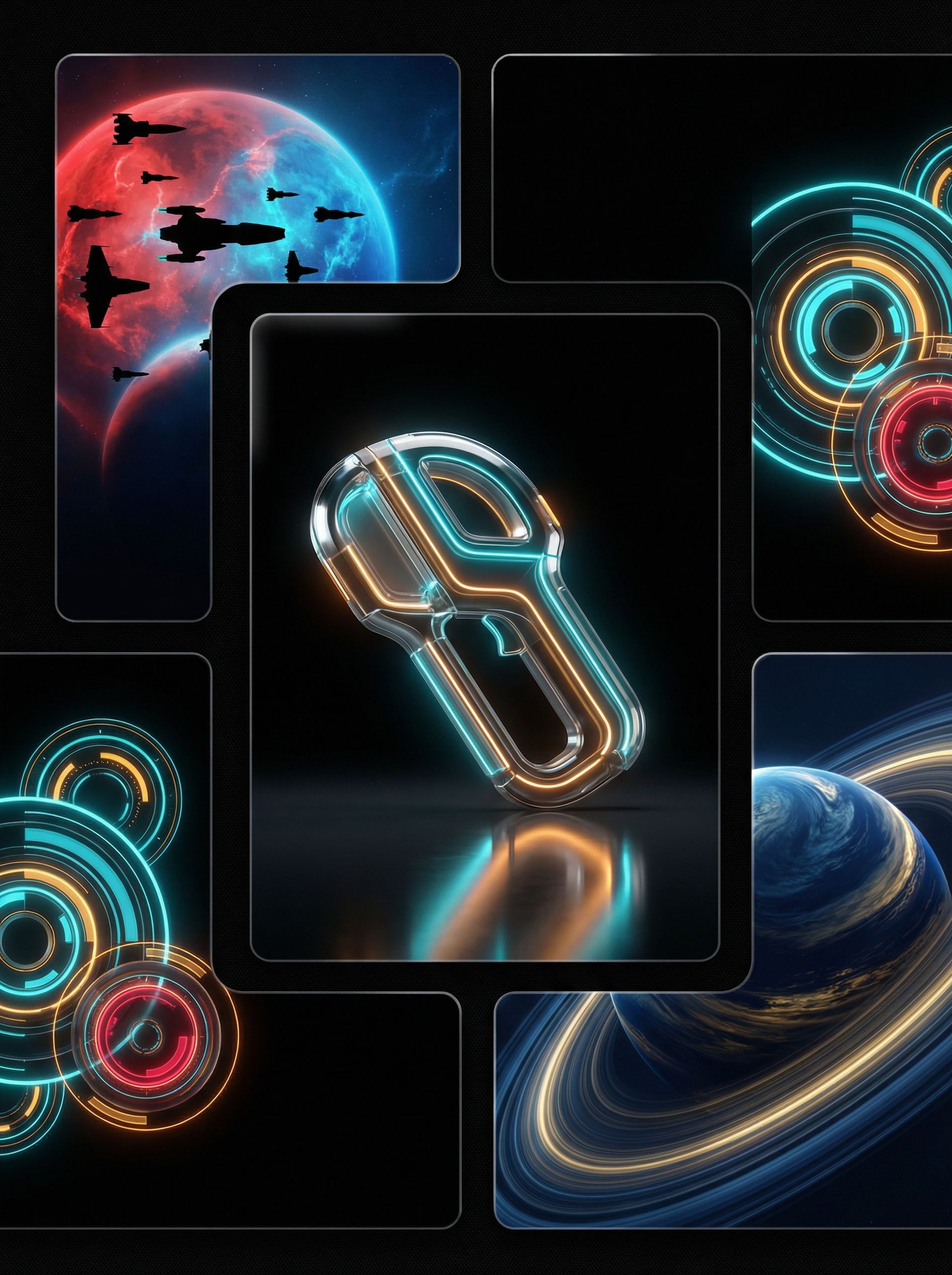 Futuristic neon sci-fi collage with planets