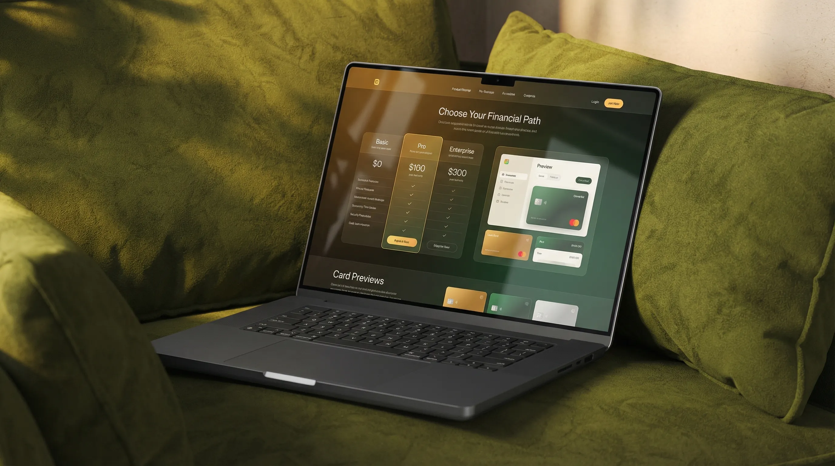 Laptop with finance dashboard on green sofa