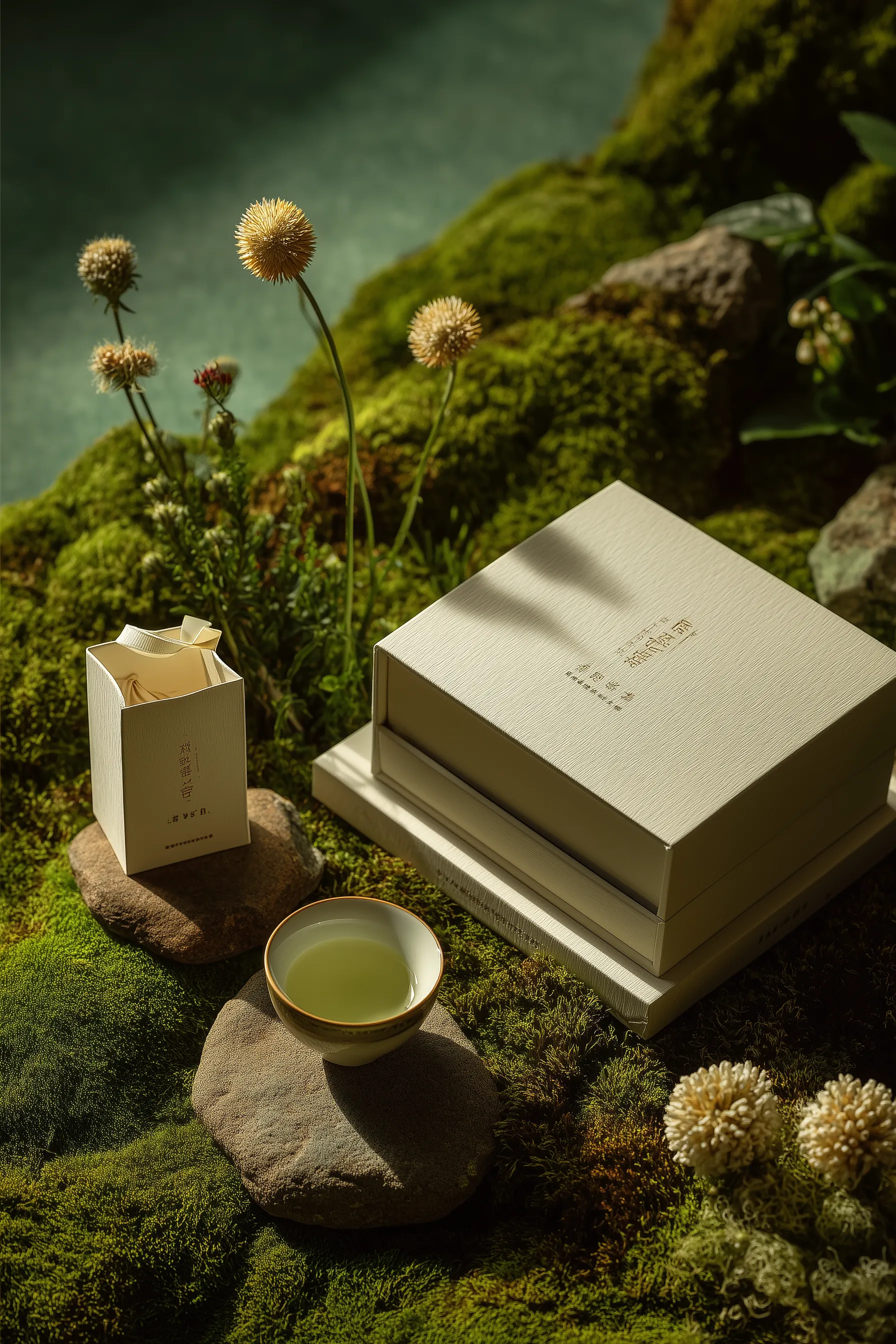 Luxury tea packaging on mossy nature backdrop
