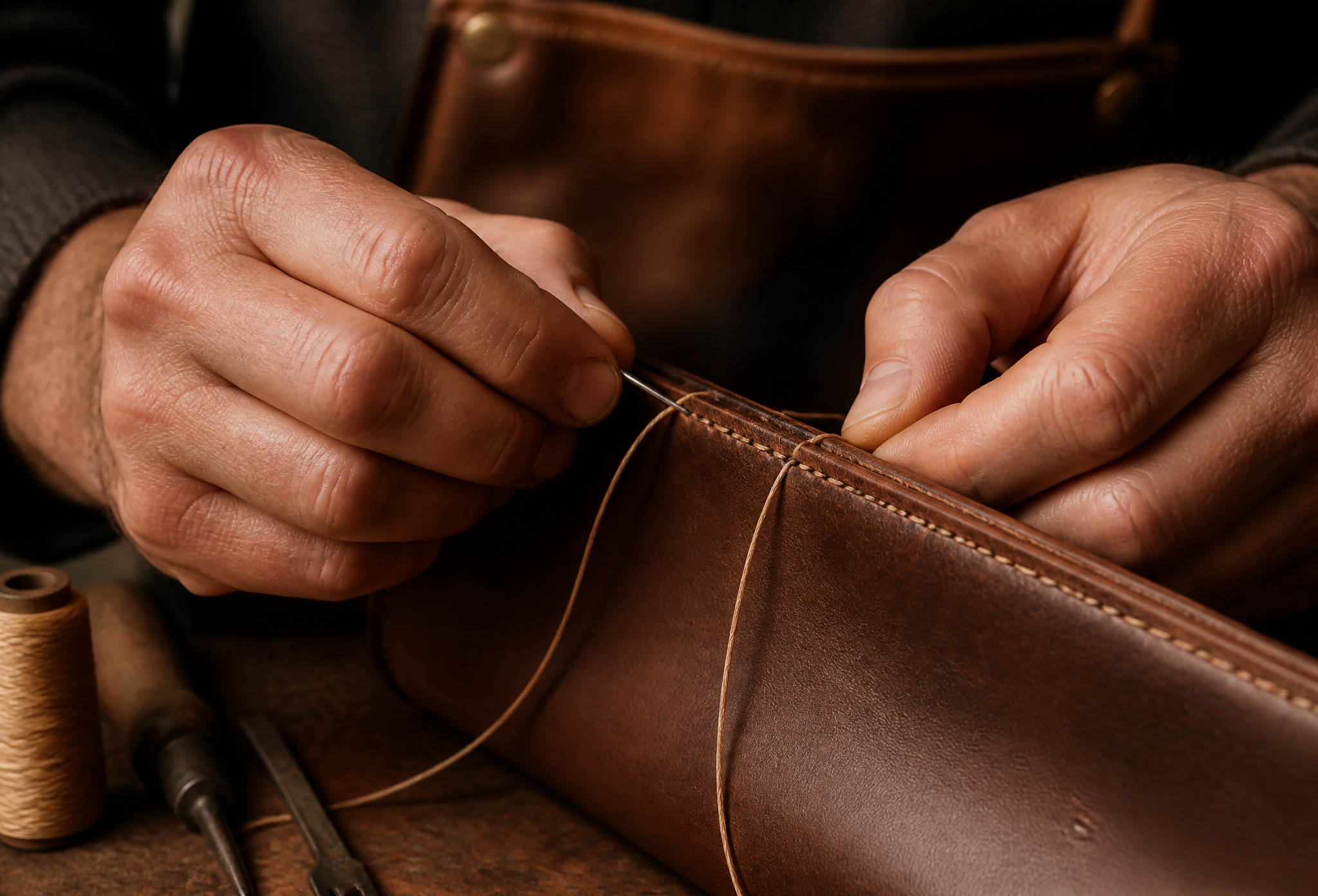 Leather worker's hands stitching a seam with waxed thread