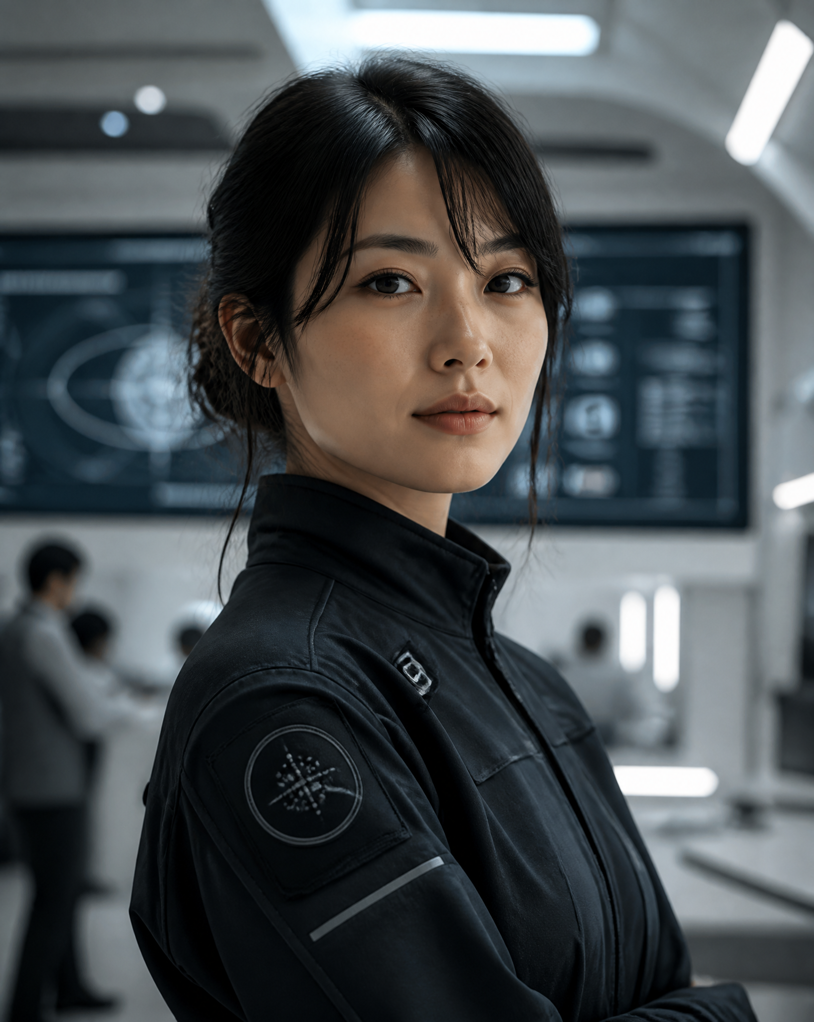 Woman in Futuristic Uniform in Command Center