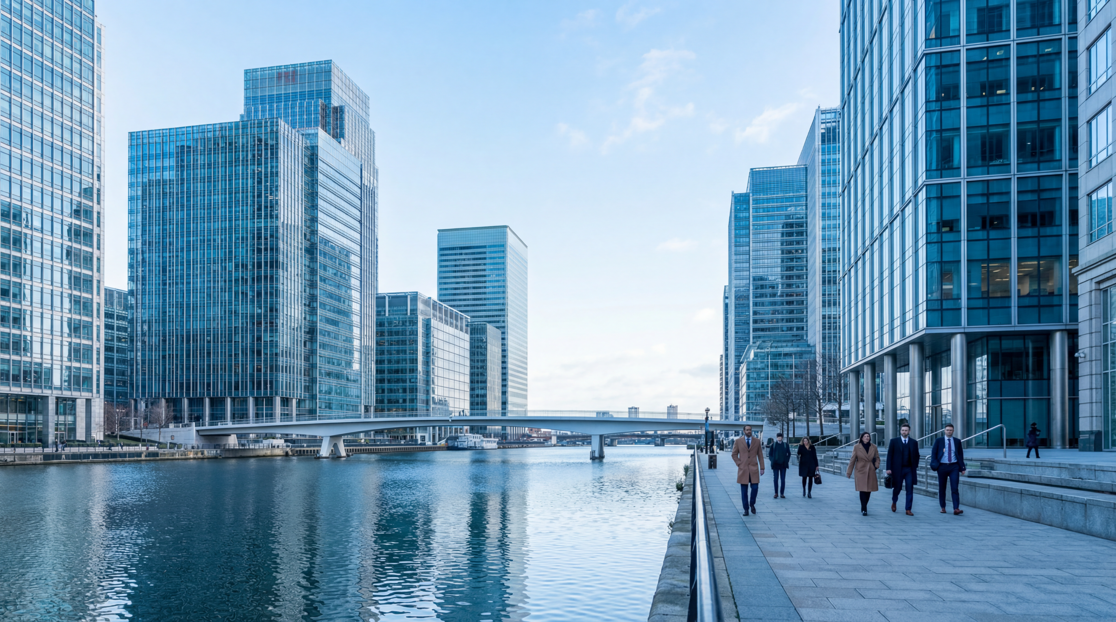Modern riverside financial district skyline