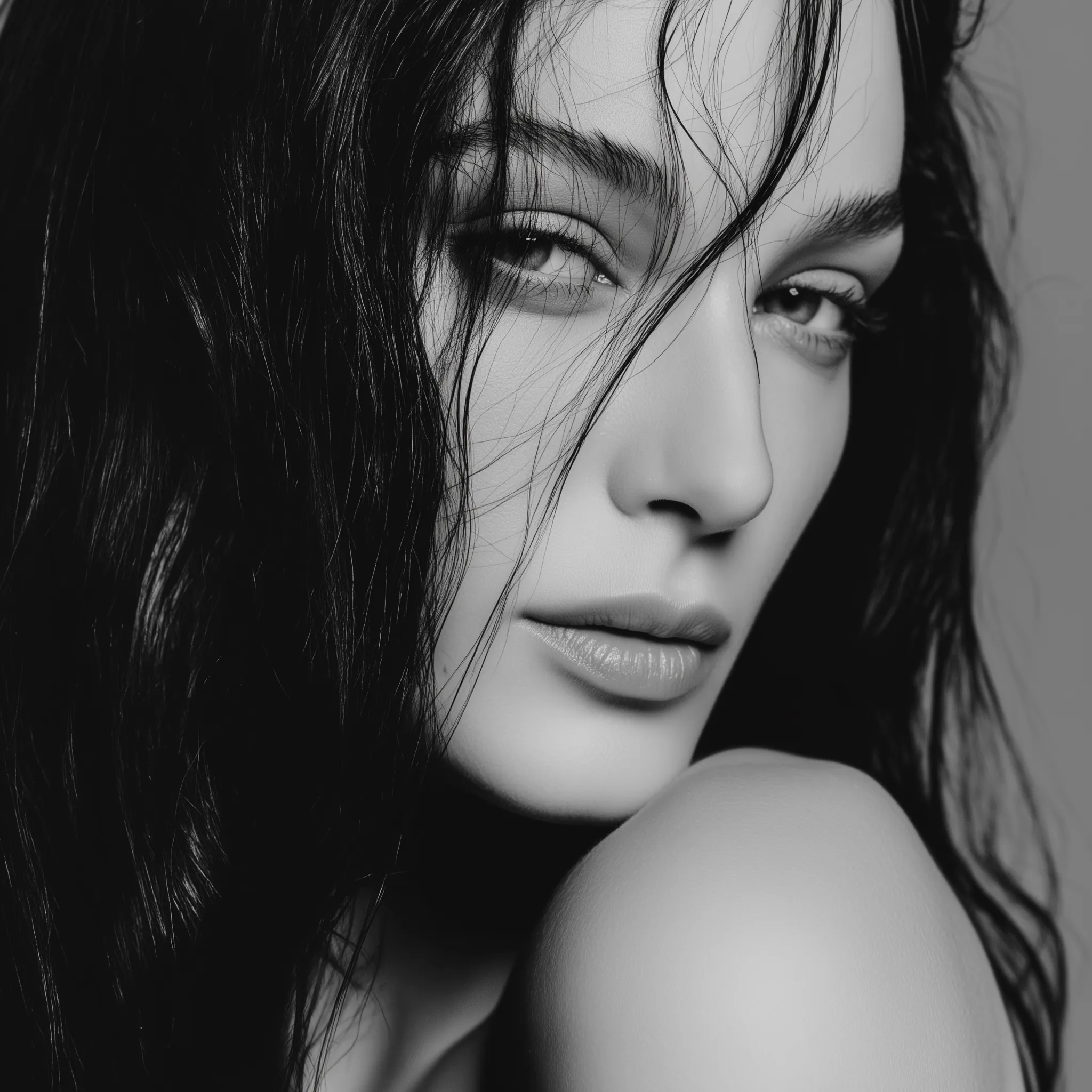 Monochrome Close-Up Portrait with Wet Hair