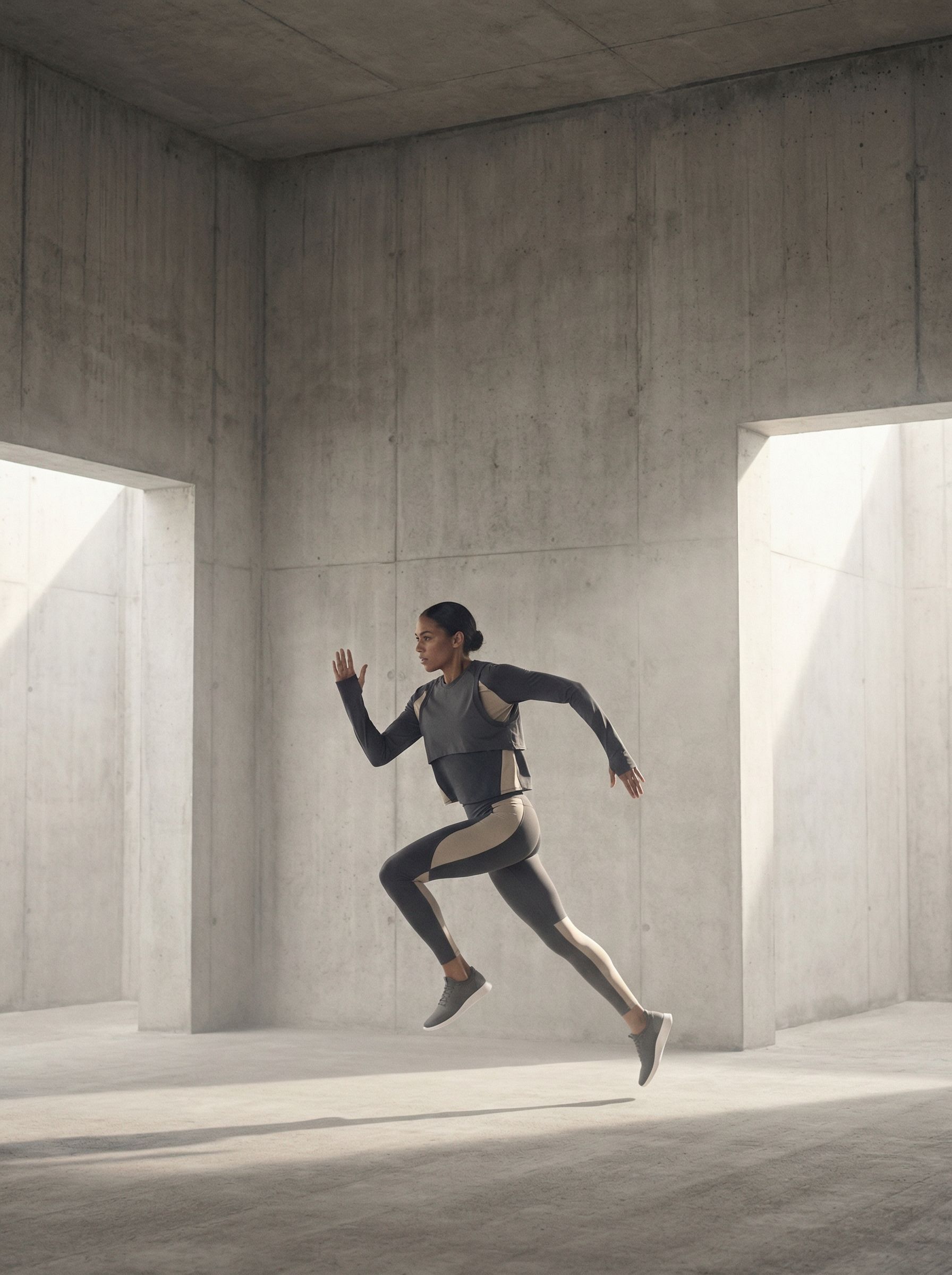 Athletic woman running in concrete interior