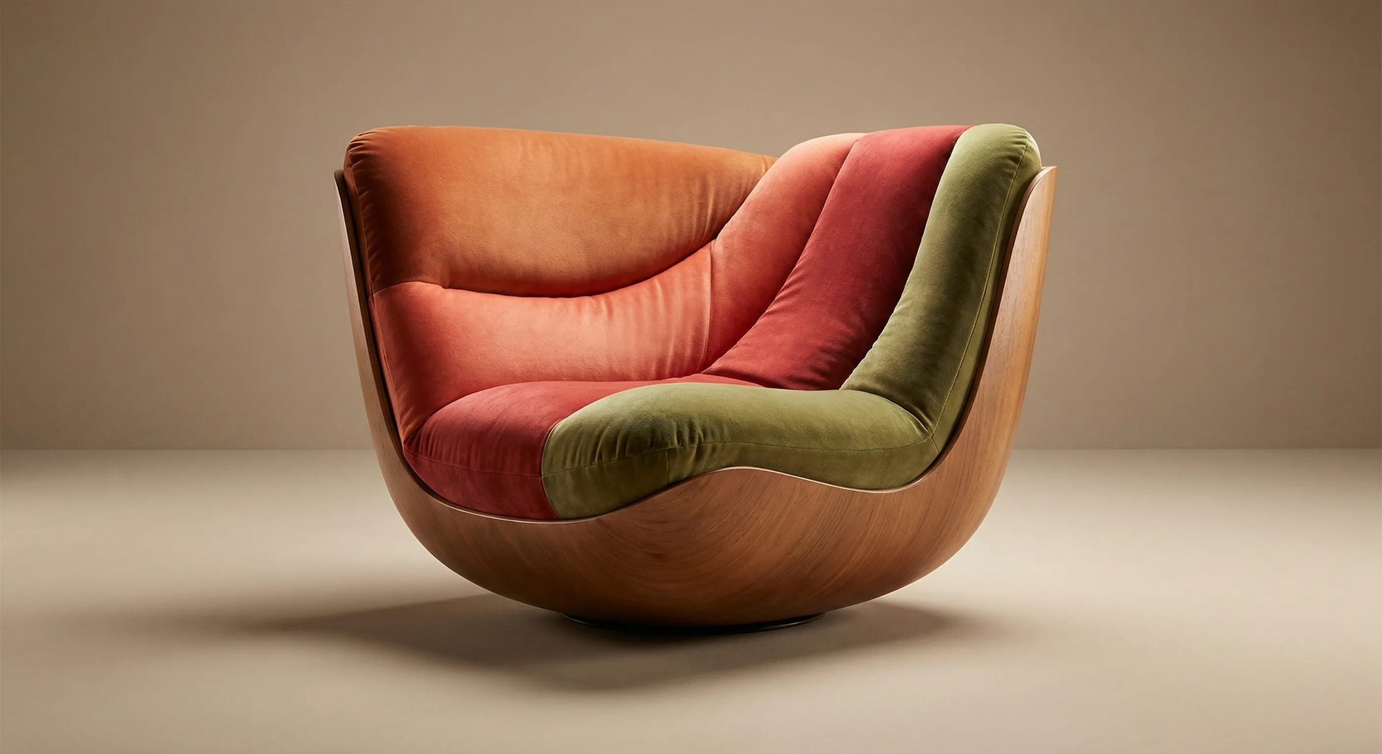 Modern velvet lounge chair with wood base