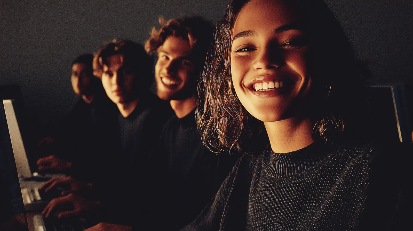 Étudiants souriants devant des ordinateurs