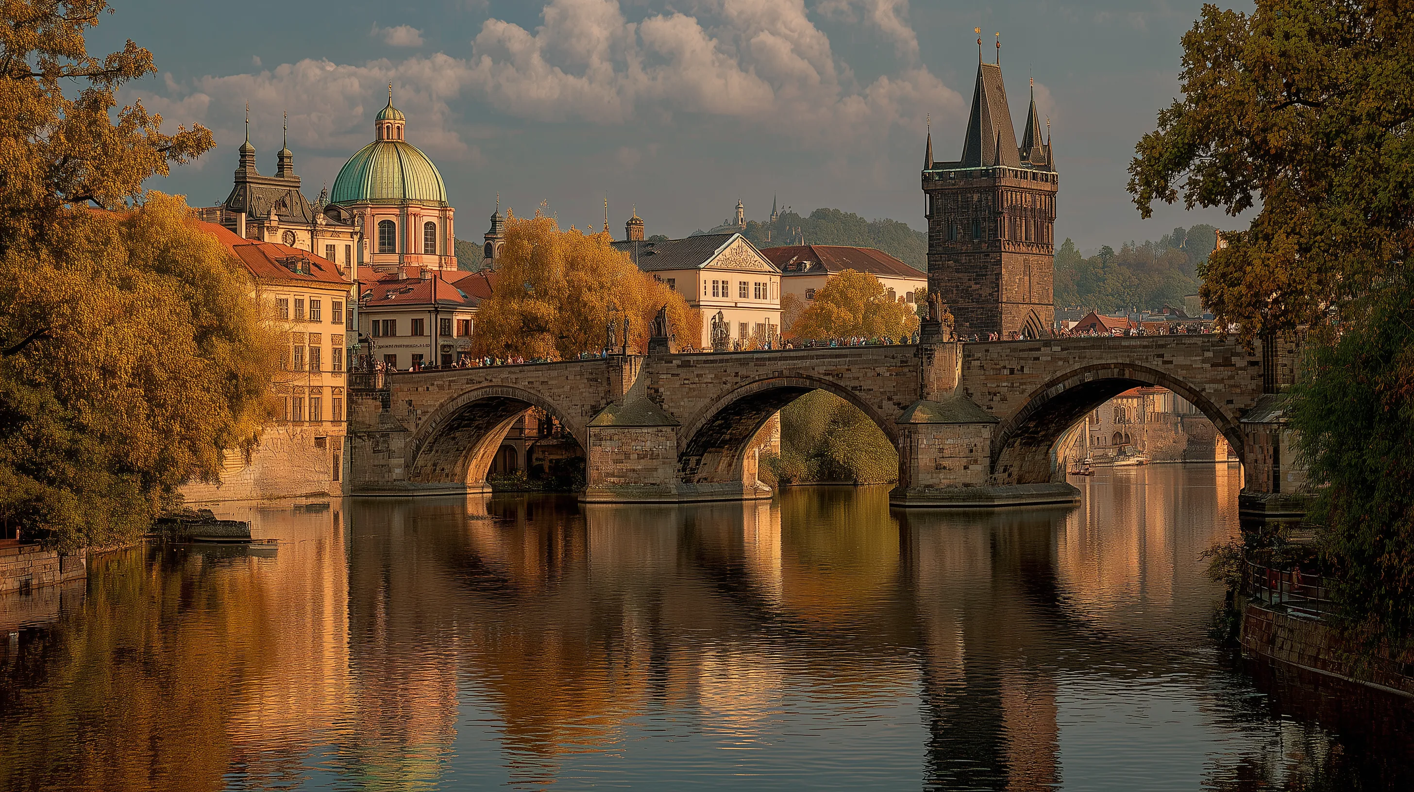 Historic stone bridge over river at sunset
