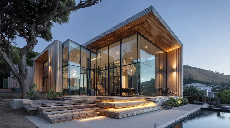 Modern Glass-Timber Home with Pool at Dusk
