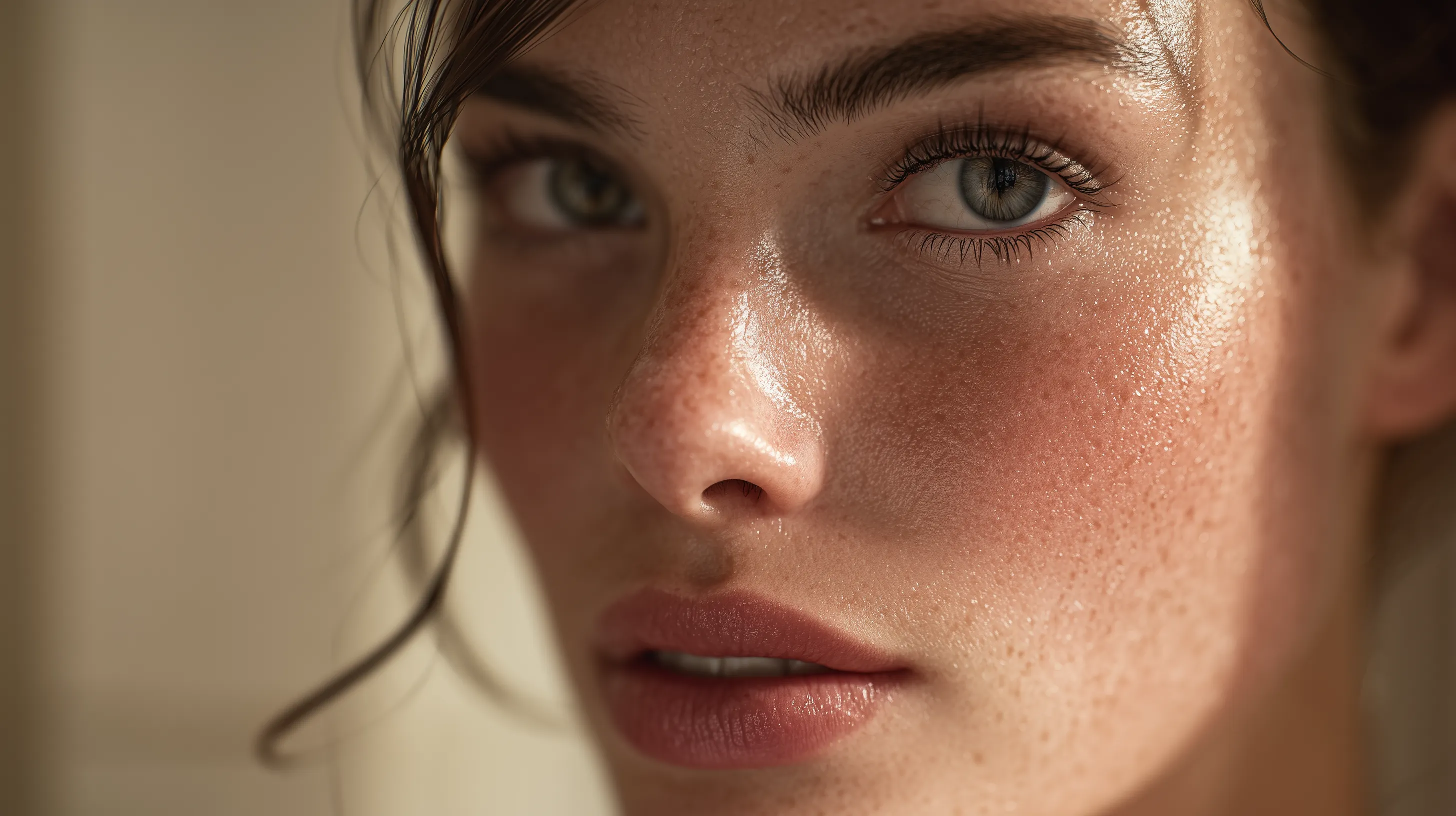 Extreme Close-up of Woman with Glowing Freckled Skin