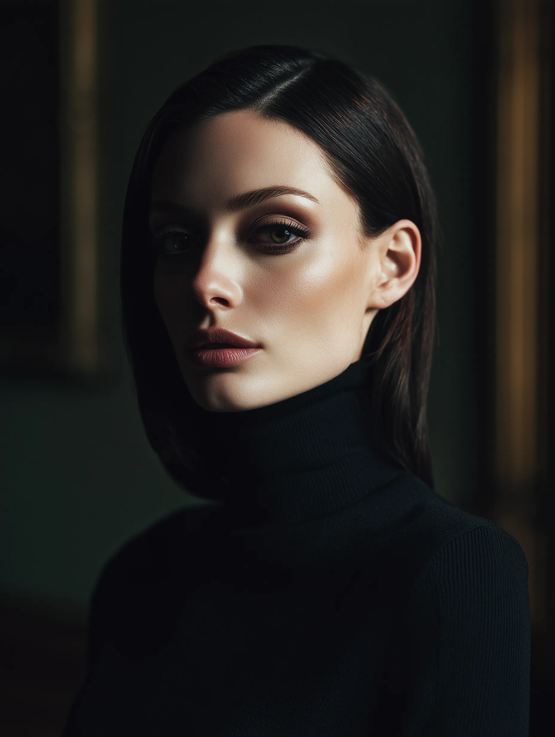 Elegant Cinematic Portrait of a Woman in Black Turtleneck