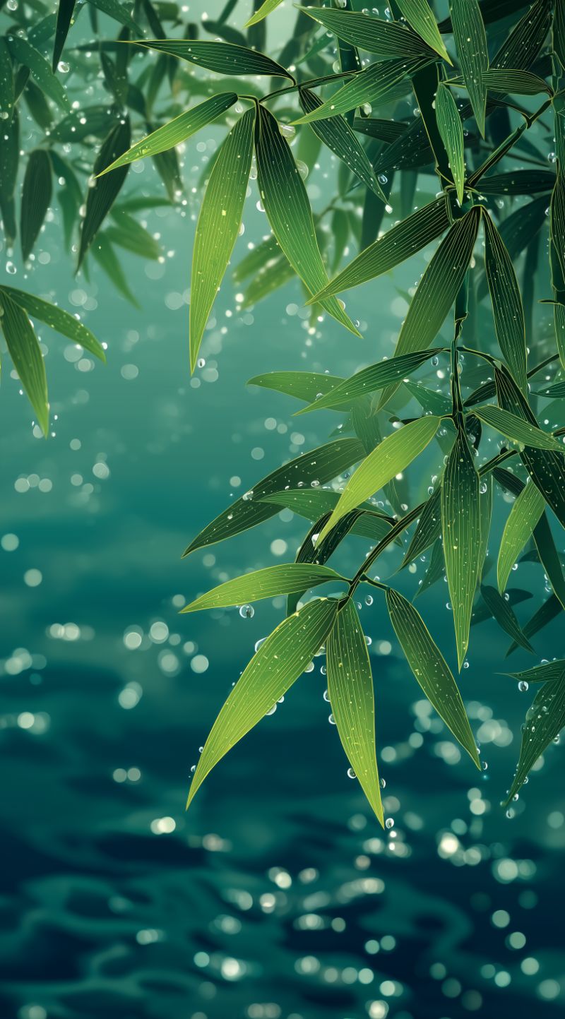 Bamboo leaves over water with dew drops