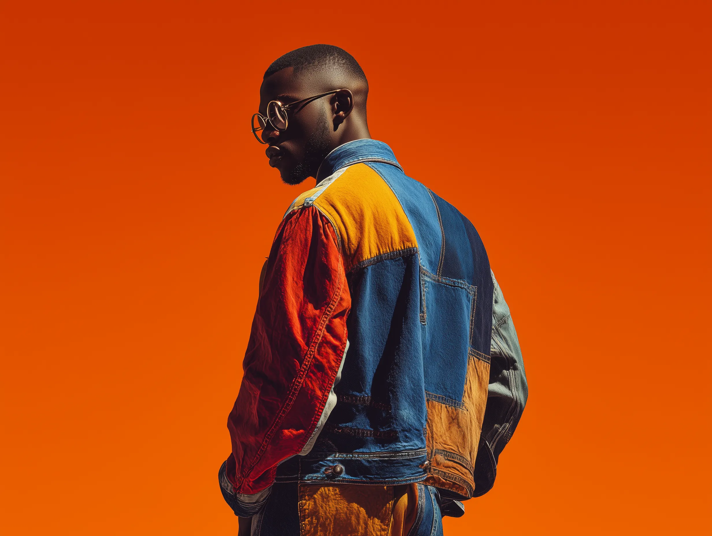 Stylish Man in Patchwork Denim Jacket Against Orange Background