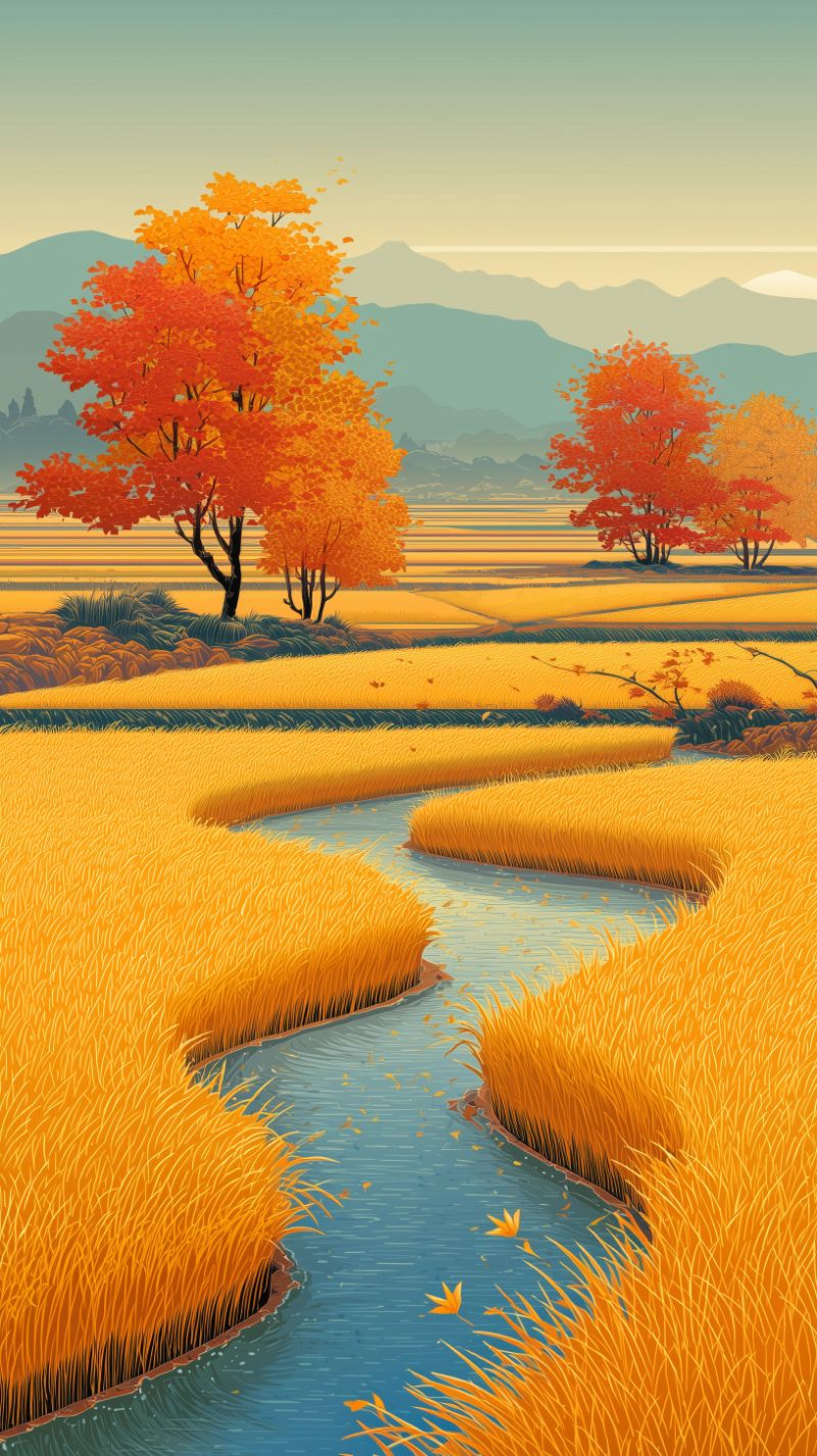 Autumn Rice Fields with Meandering Creek
