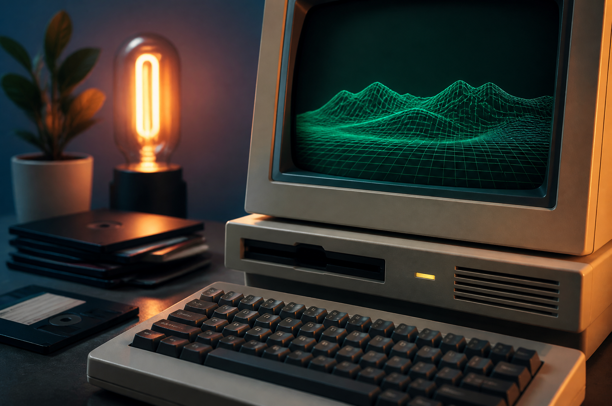 Vintage Computer with Retro Wireframe Graphics