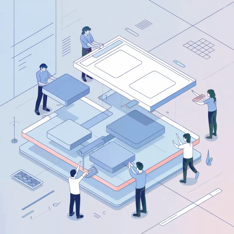 Isometric team assembling smartphone layers