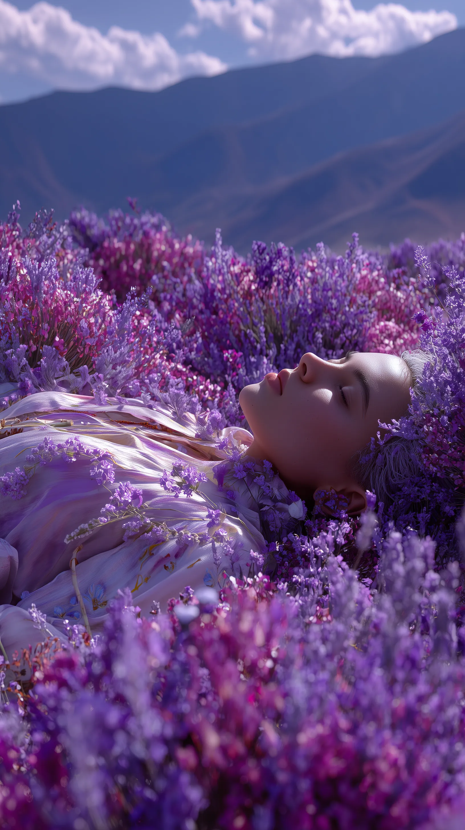 Dreamlike Portrait in a Purple Flower Field
