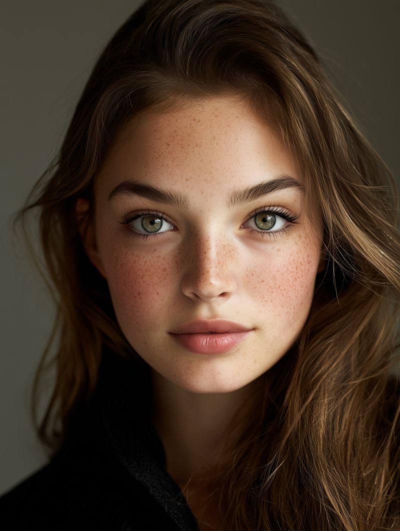 Freckled young woman close-up portrait