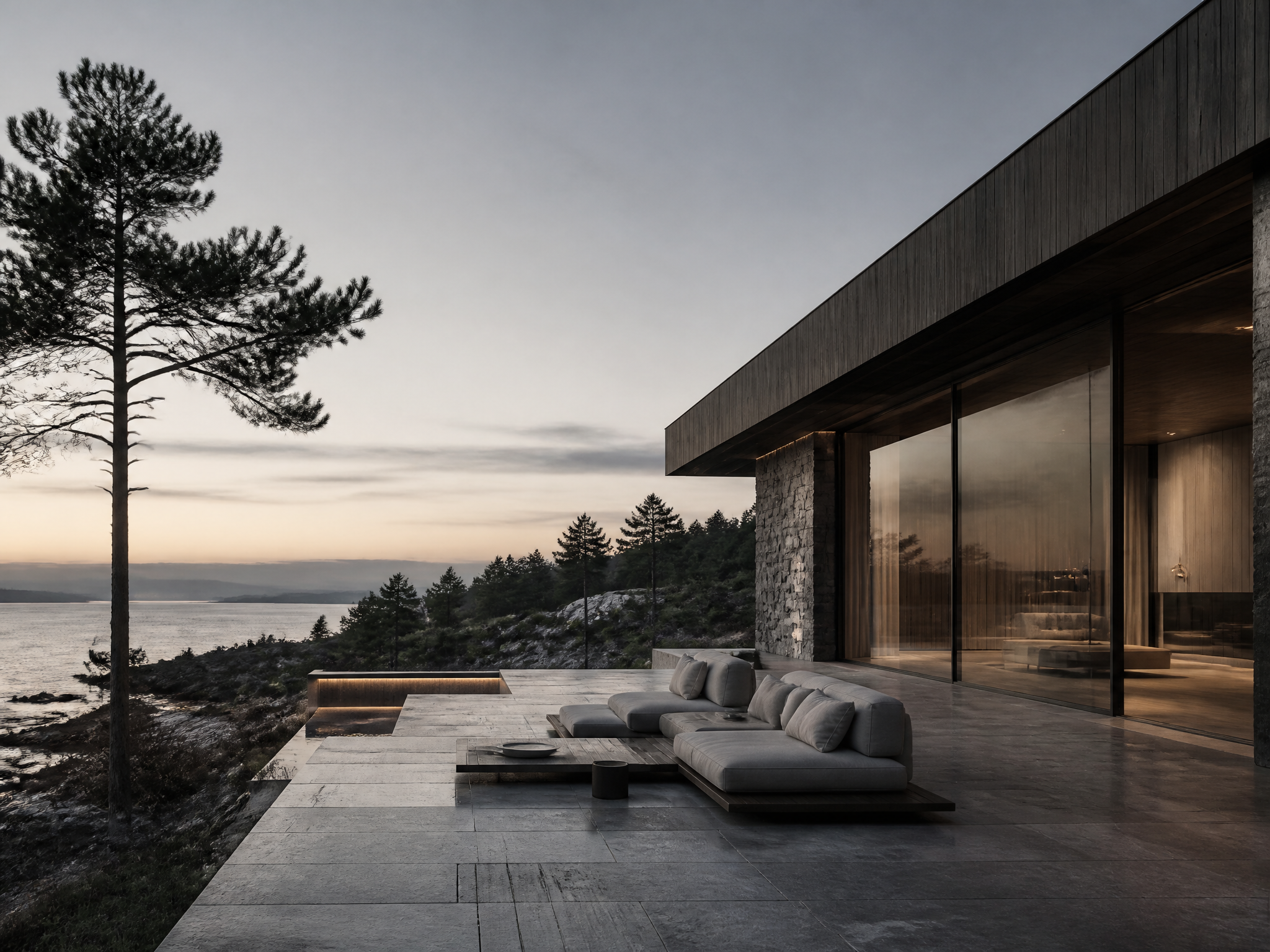 Modern Coastal Villa Terrace at Dusk