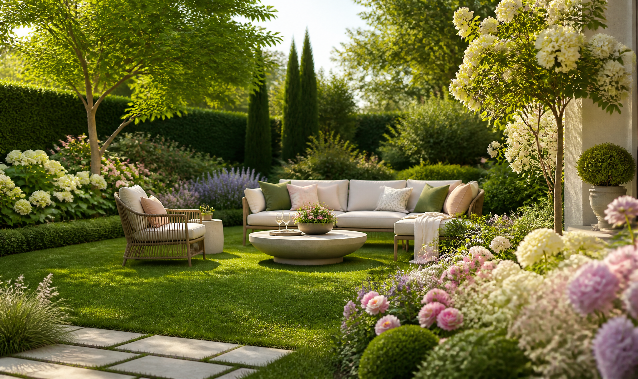 Stylish garden seating with lawn and flowers