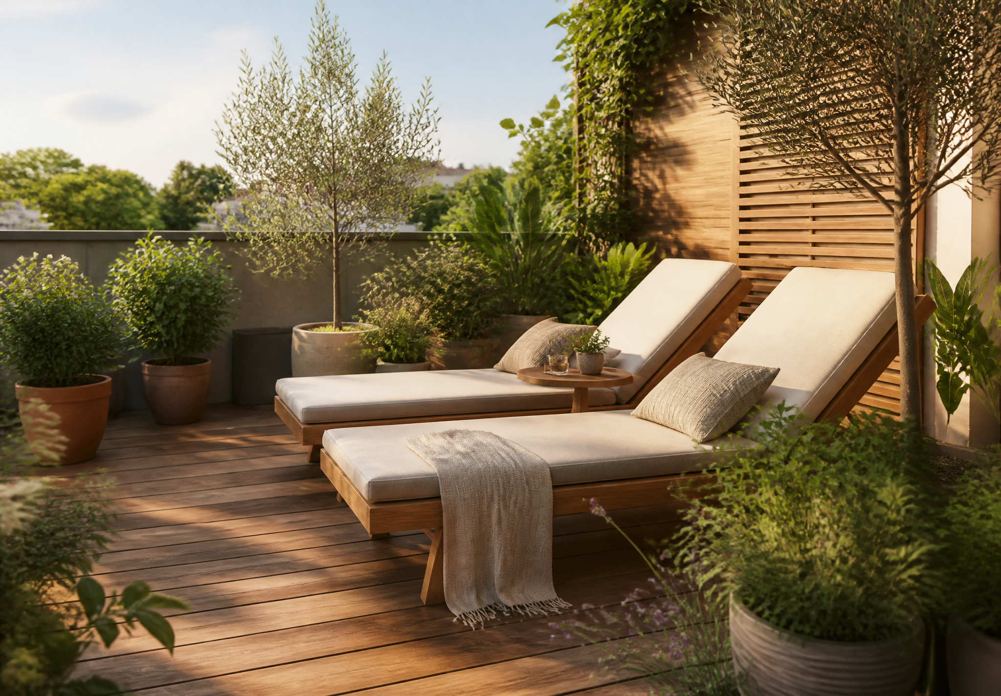 Outdoor lounge chairs on a wooden terrace surrounded by potted plants
