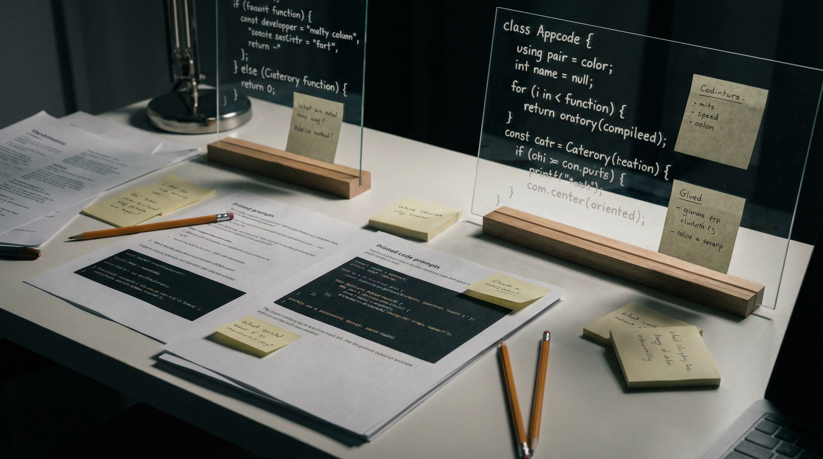 Developer workspace with code notes and glass boards