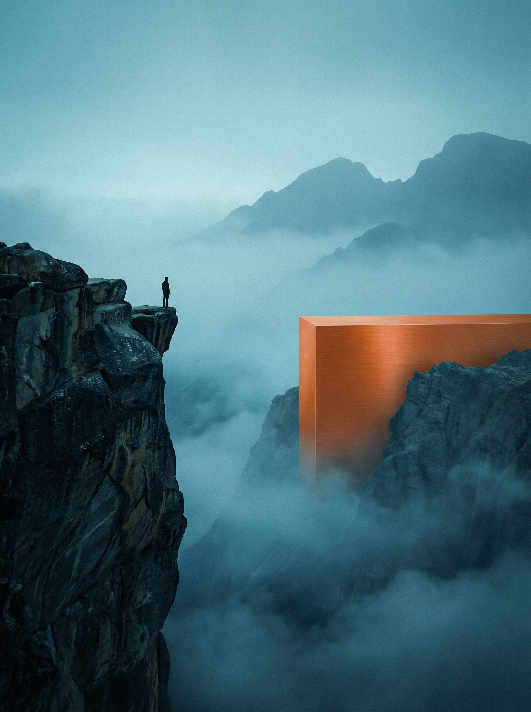 Surreal monolith in misty mountain landscape