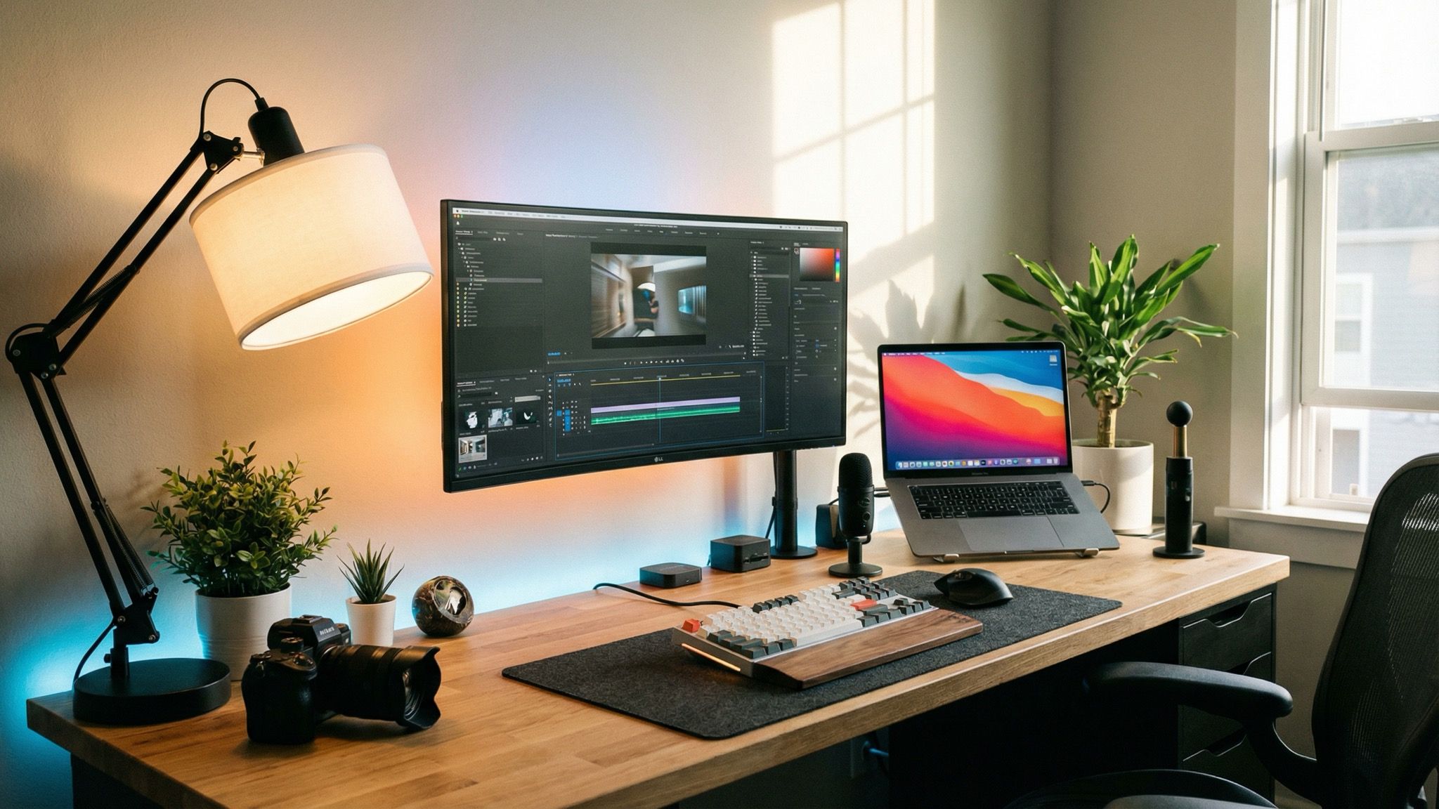 Modern home office video editing workstation