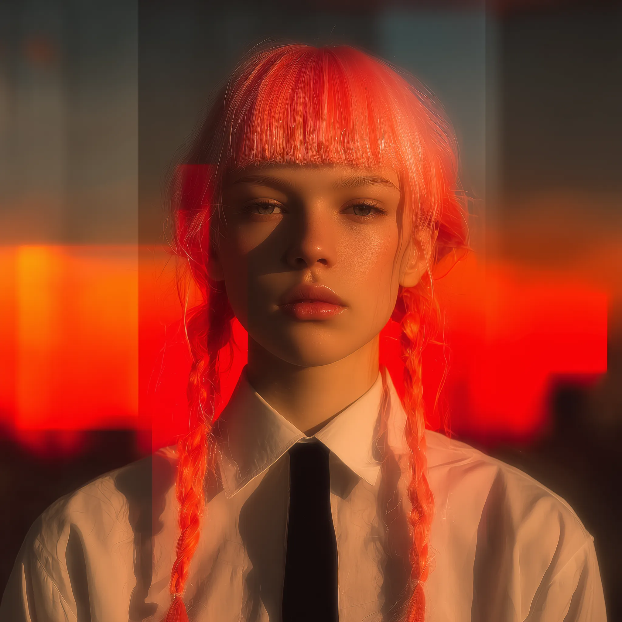 Portrait of girl with neon pink braids at sunset