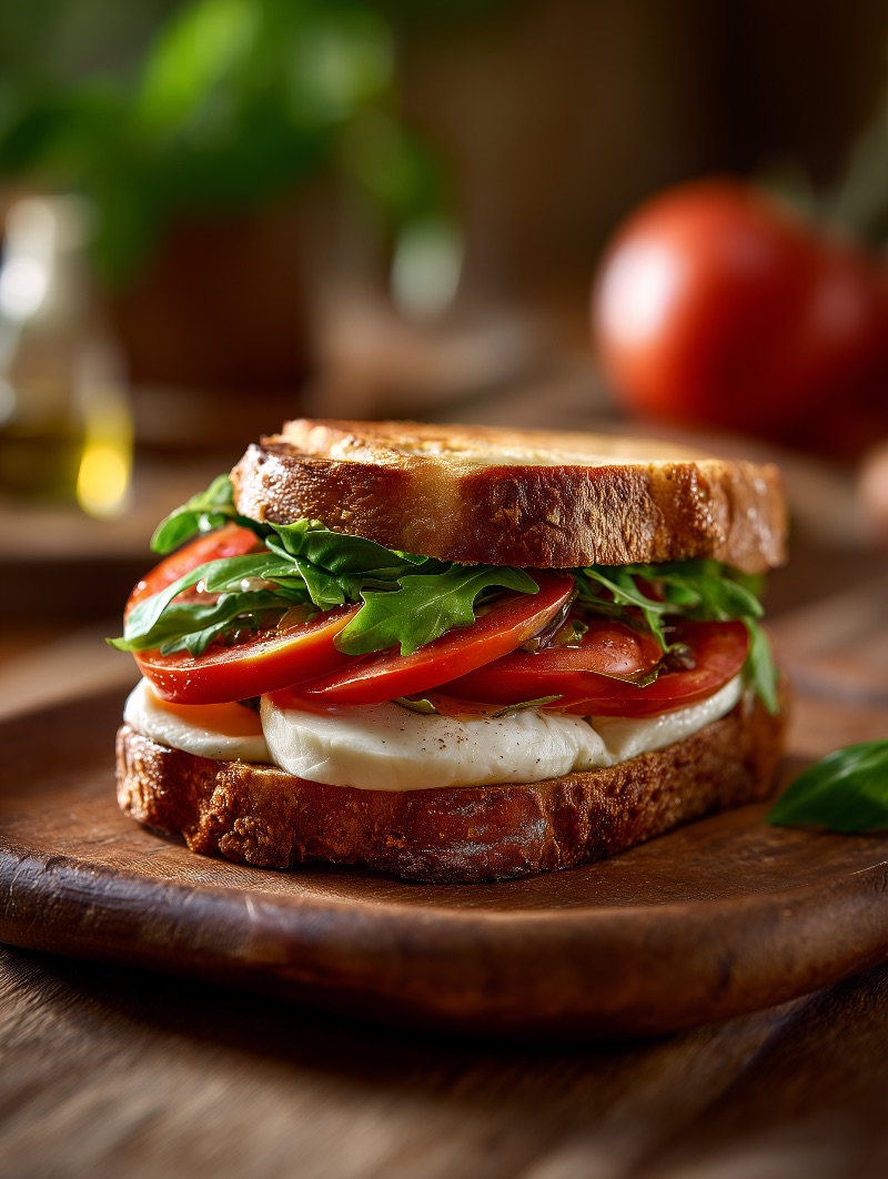 Gourmet Caprese Sandwich on Wooden Board