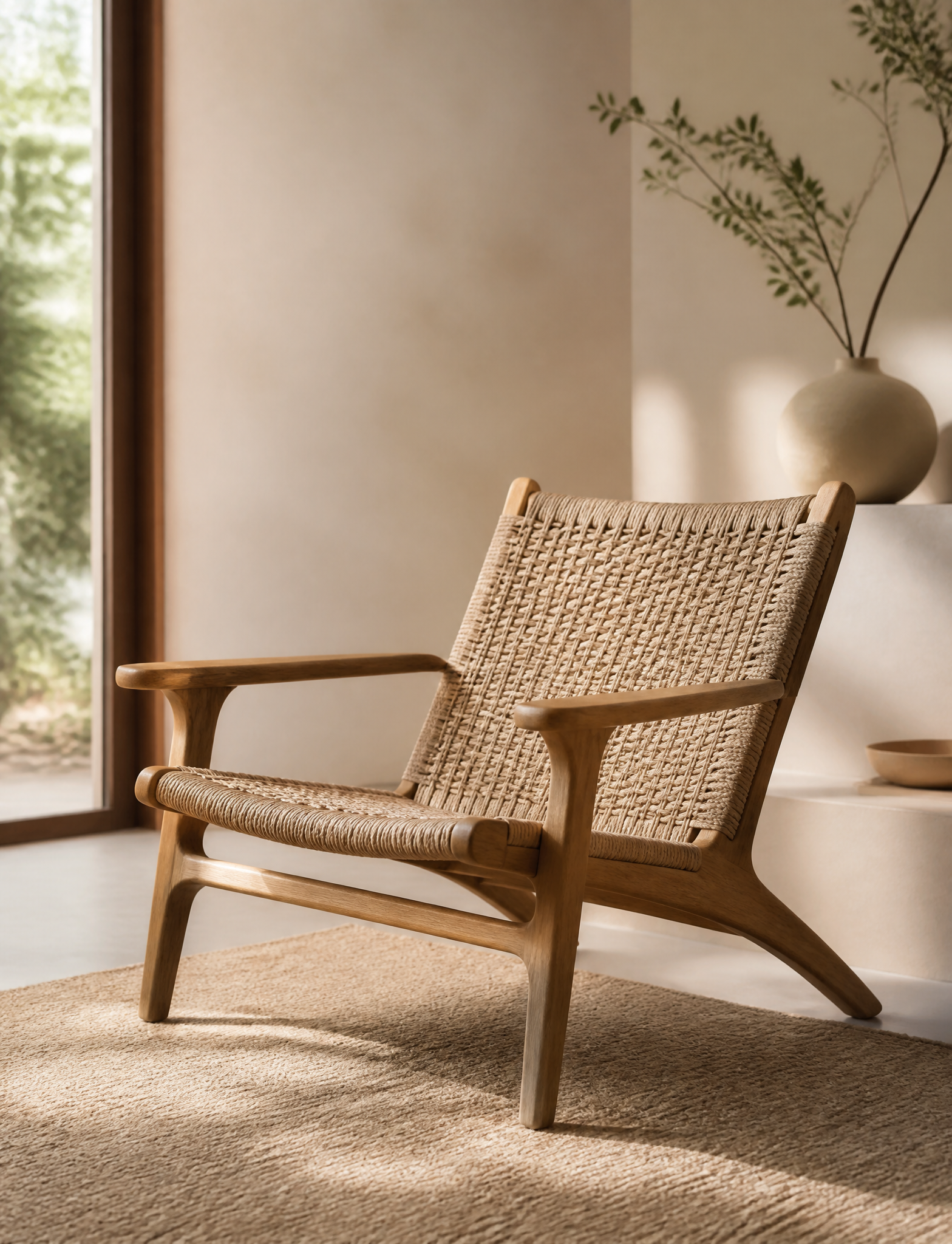 Minimalist Woven Lounge Chair in Sunlit Interior